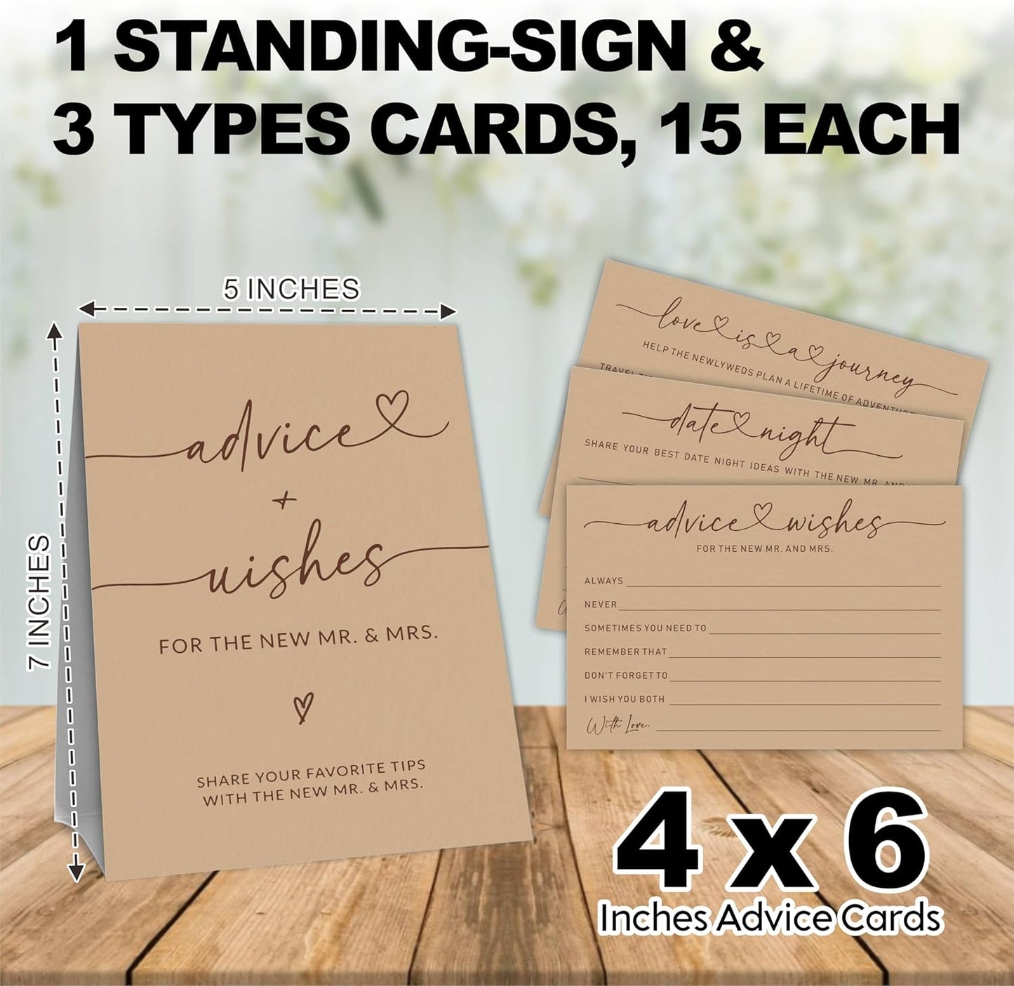Wedding Advice Cards - Wishes For The New Mr & Mrs Wedding Advice Sign -A Standing Sign With 3 Types Of 4 x 6 Advice Cards -Bride and Groom Newlyweds Bridal Shower Decoration,Games(Brown) - C03