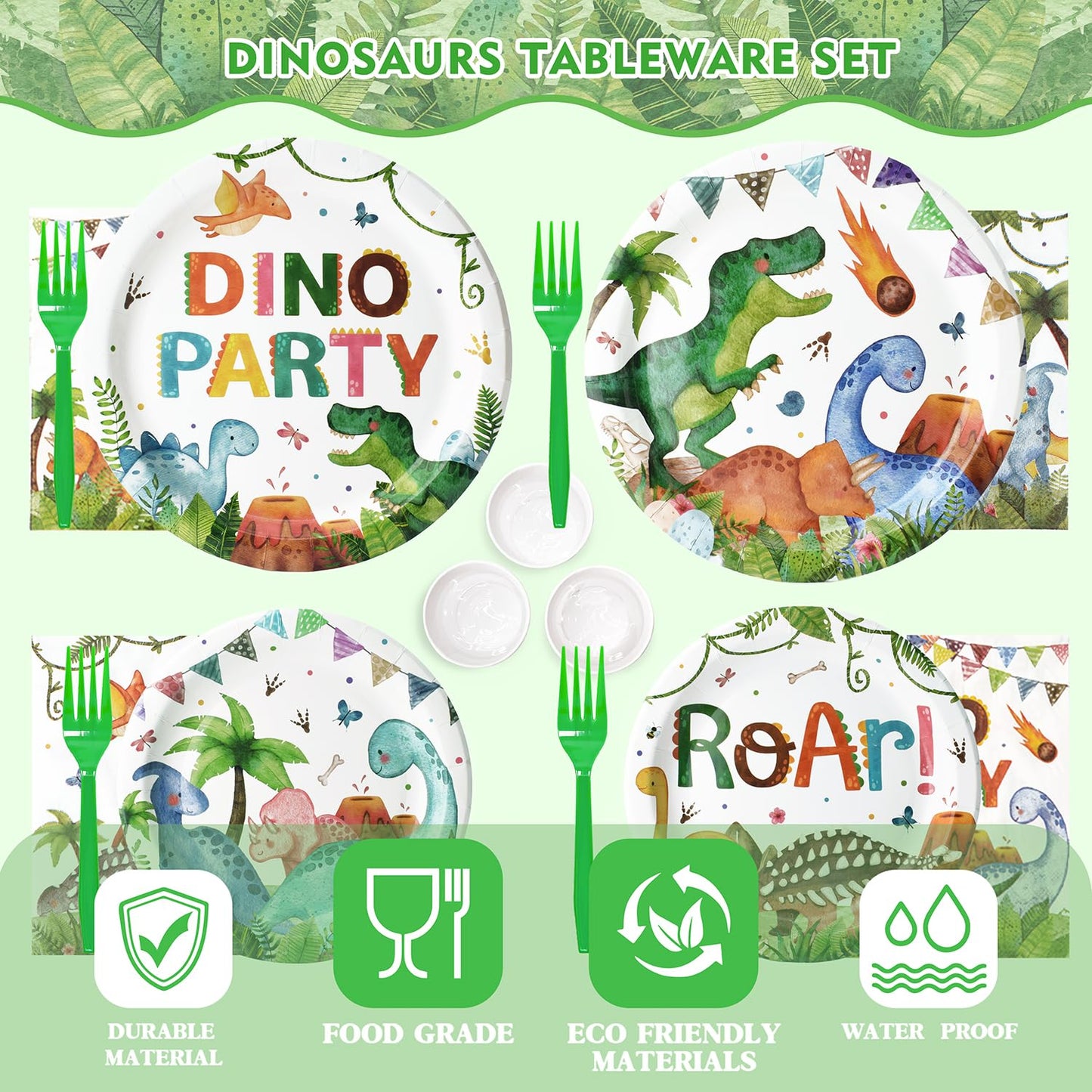 189 Pcs Dinosaur Birthday Party Supplies Set - Serves 24, Dino Decorations Kit with Banner