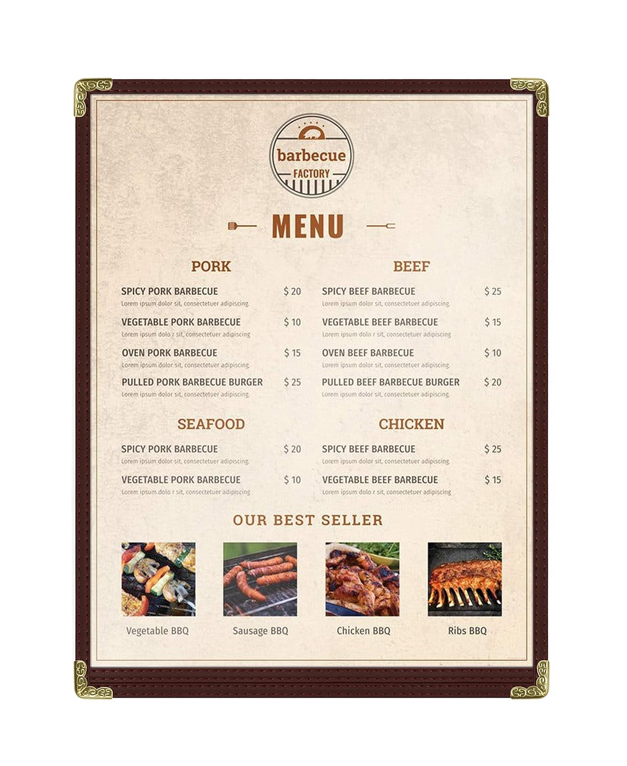 Brown, 25 Pack,1 Page / 2 Views - 8.5" x 11", Cafe Style Menu Cover, Top-Loading Double Stitched Edge, Crystal Clear Vinyl Menu Holder with Gold Decorative Corners