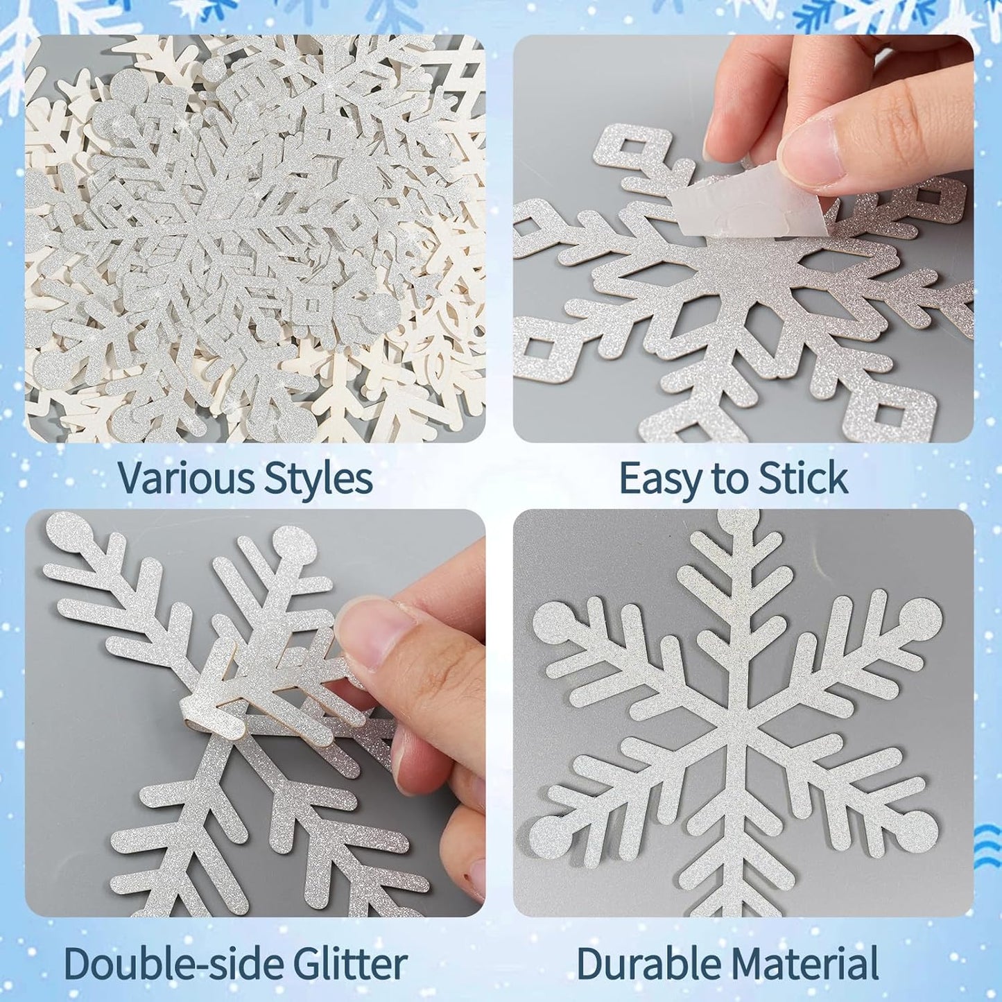 Winter Snowflake Cutouts - Glitter Paper Snowflake Decorations - 50Pcs White & Silver Double-Side Christmas Cutouts for Holiday Winter Wonderland Bulletin Board, Frozen Party Decor
