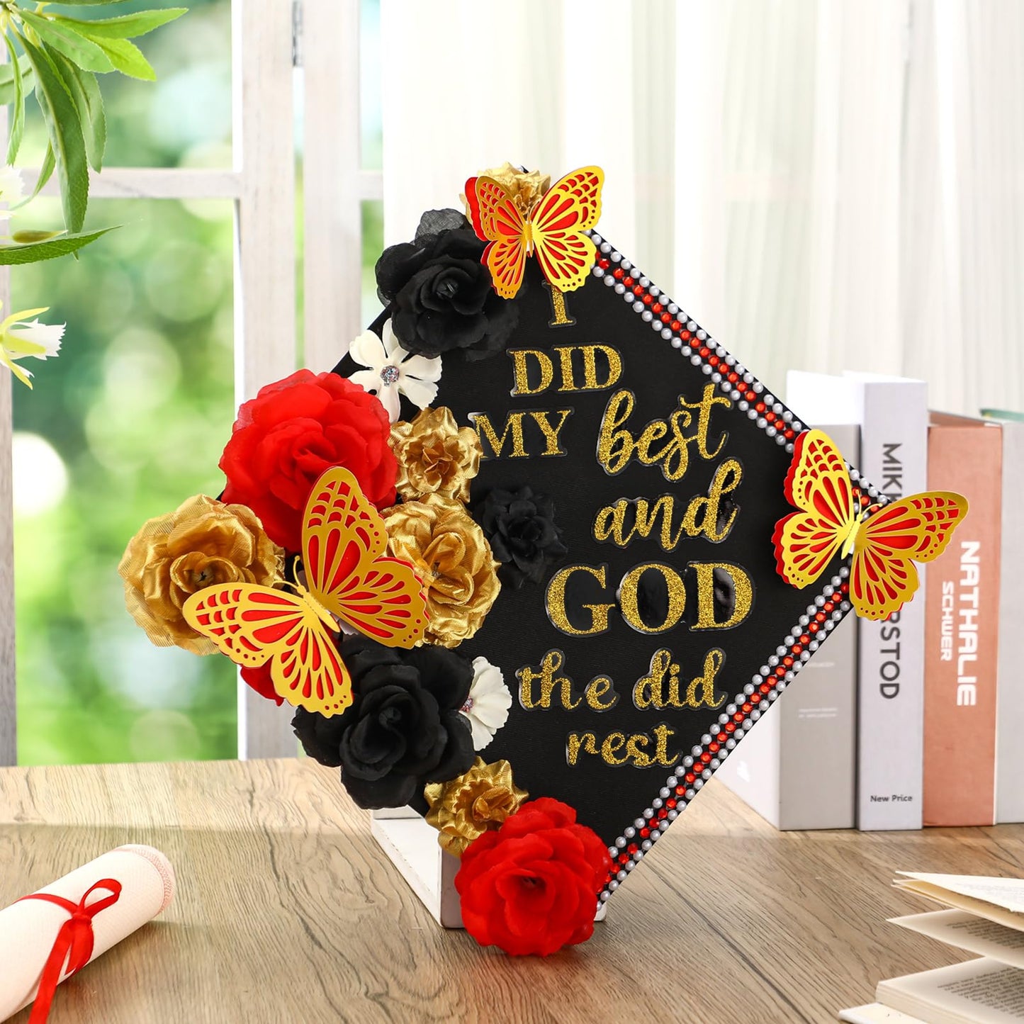 Solsew 35 Pcs DIY Graduation Cap Decorations Kit, Include Faux Flower 3D Butterfly Graduation Quote