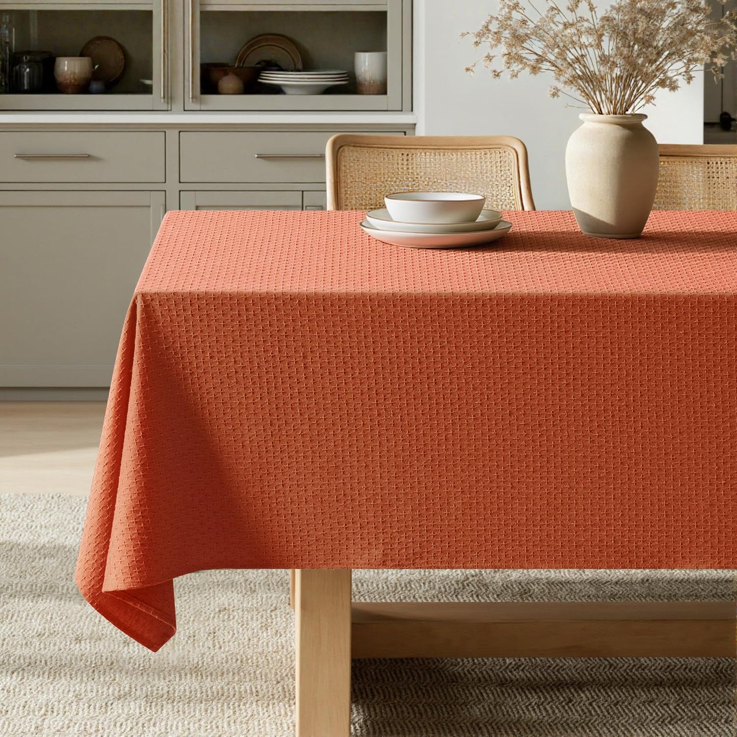 MIULEE Fall Tablecloth Burnt Orange Linen Cottton Table Cloth Rectangle Waterproof Spillproof Cross-Star Textured Decorative Farmhouse Style for Dining Party Weddings 60x84 Inch