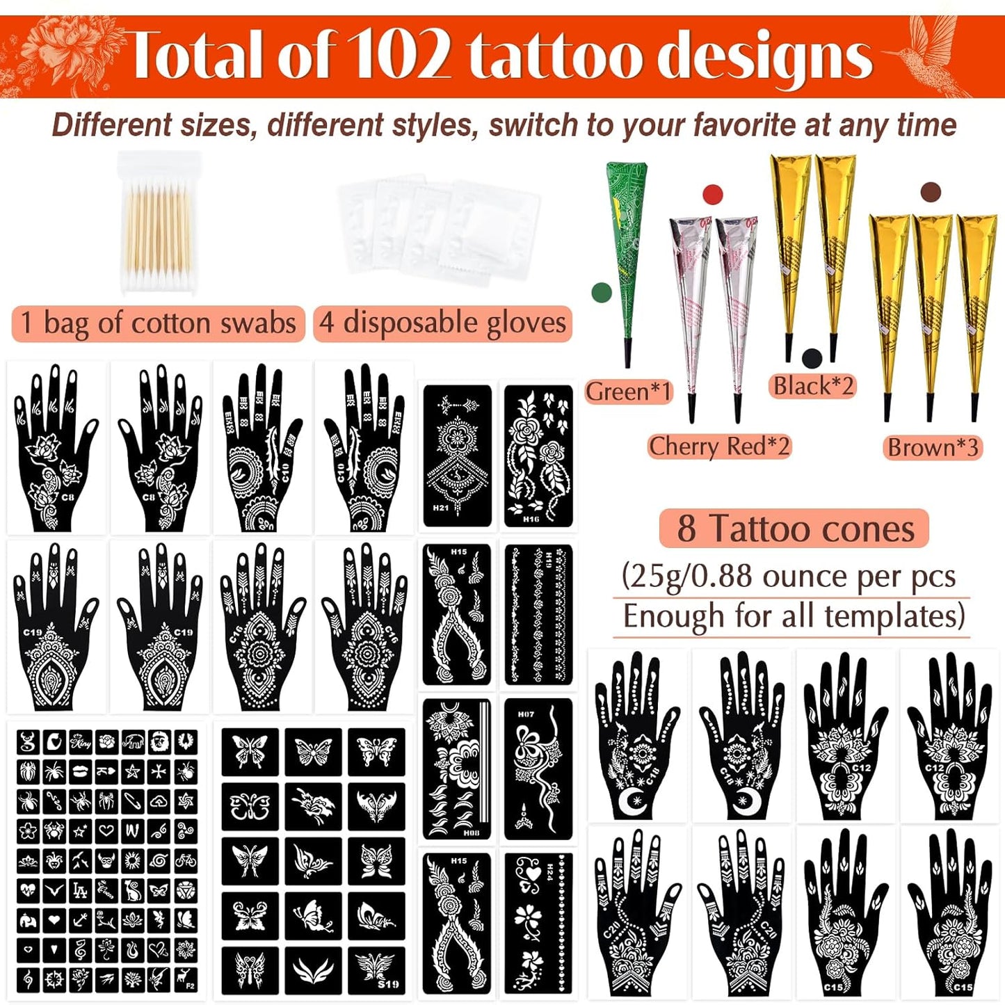Temporary Tattoos Stencils Kit,Temporary Tattoos Kit - 8 Pcs 4 Color(Brown,Black,Cherry red,Green), Ink with Gloves,DIY Body Art Painting for Women Men Adults Kids