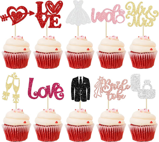 Ephlyn 30Pcs Bride to be Cupcake Toppers Glitter Wedding Cake Topper Decorations I Do Love Heart Ring Cupcake Picks for Bridal Shower Wedding Engagement Party Supplies Multicolor