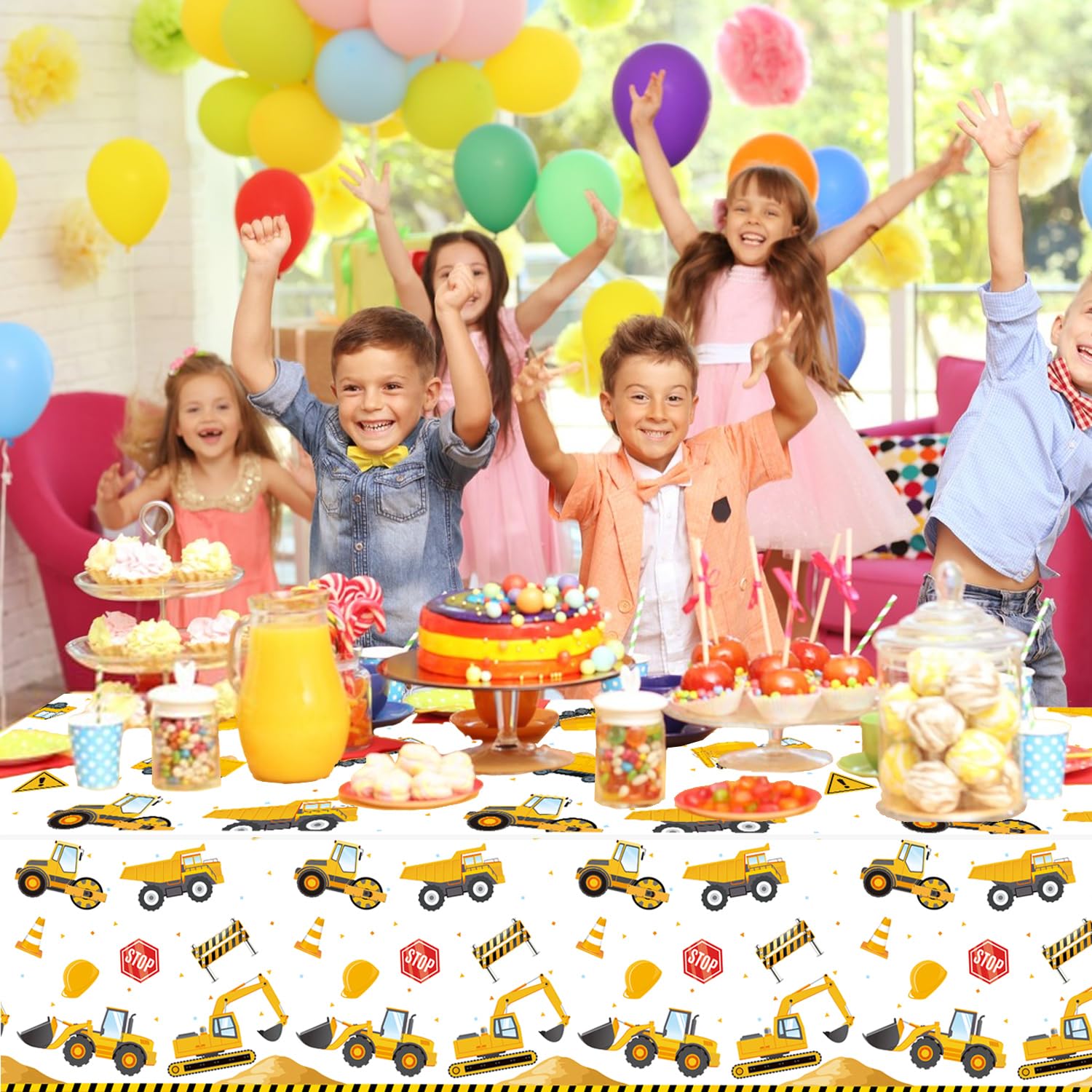 QIYANPAX 3 Pack Construction Plastic Birthday Party Tablecloths, 54 x 108 Inches - Truck Excavator