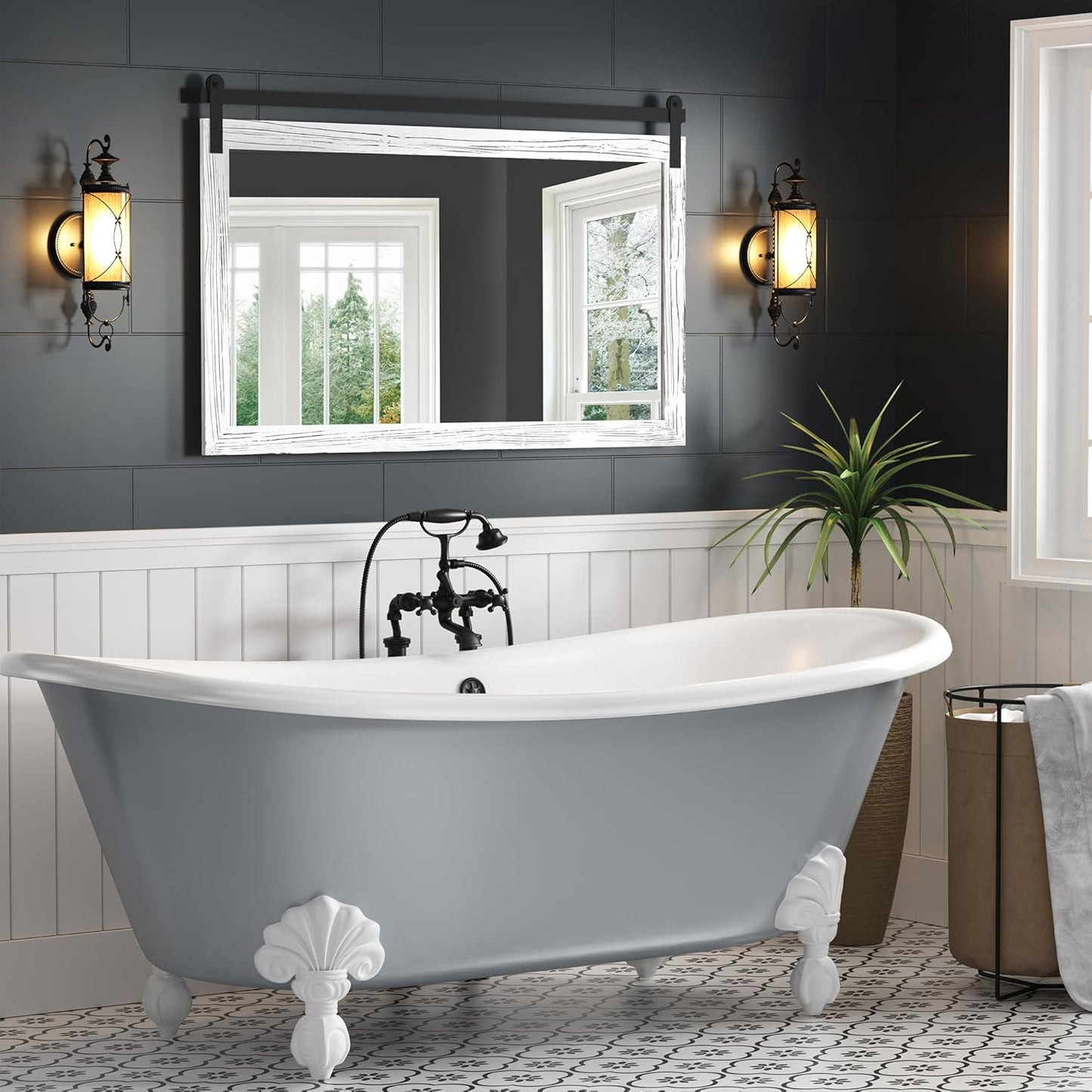 COGOOD Farmhouse Bathroom Mirror - 45 x 30 Large Rectangle Barn Door Mirror for Vanity, Bedroom, Living Room Wall Decor (White)