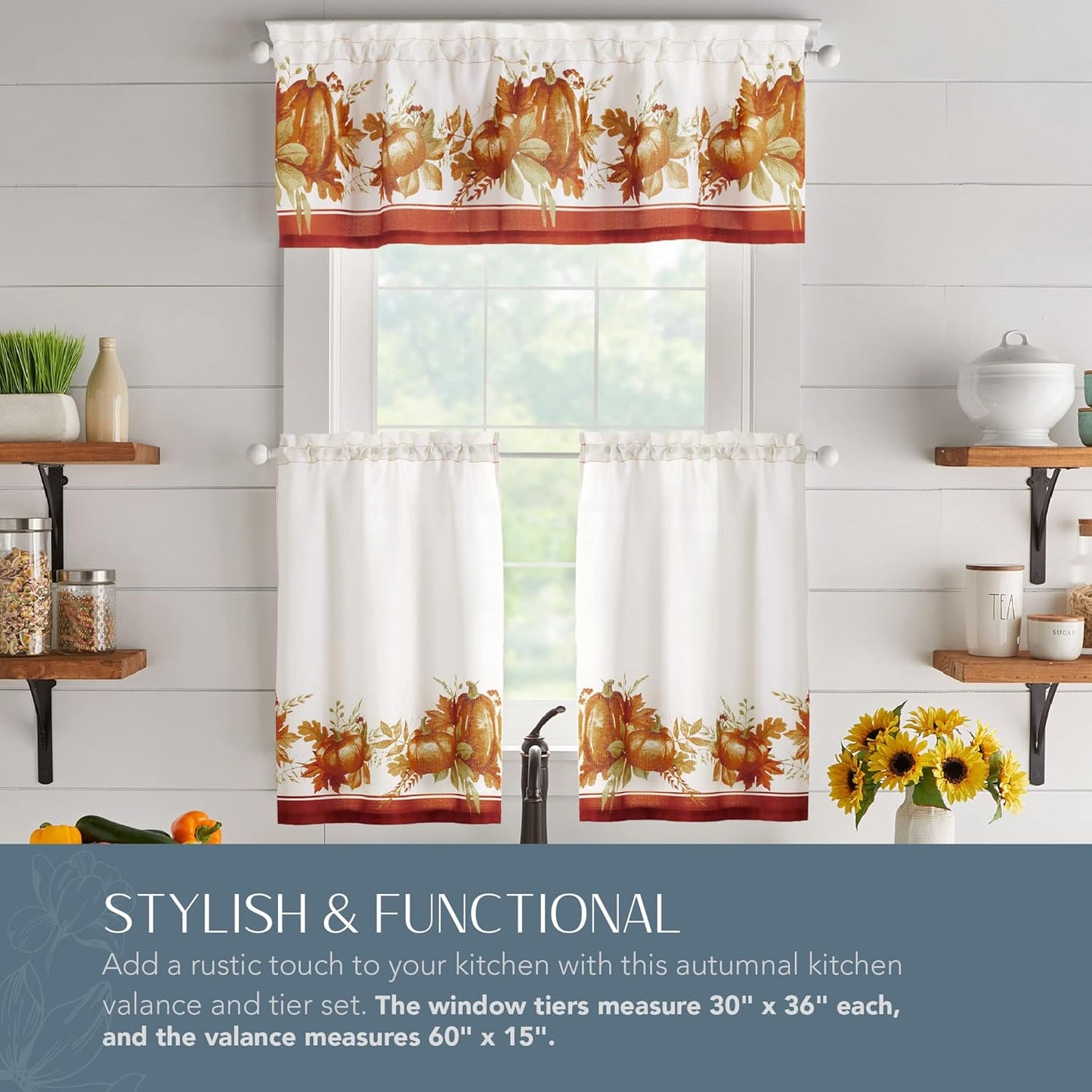 Elrene Home Fashions Autumn Pumpkin Grove Window Tier Set and Kitchen/Café Valance, 60"x36" (Set of 2 Tiers & Valance), Multi Color