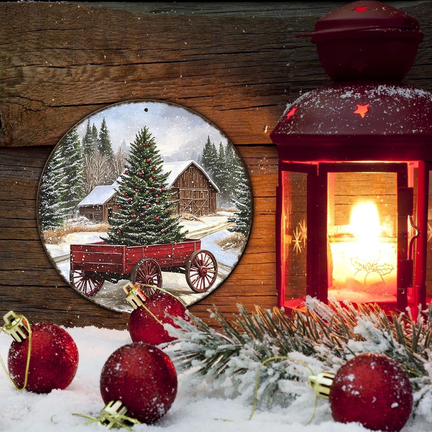 Round Barn Christmas Trees Metal Tin Sign Christmas Vintage Tin Sign Poster For Kitchen Cafe Bar Farmhouse Home Wall Decor Art Winter Decoration 8 * 8 in