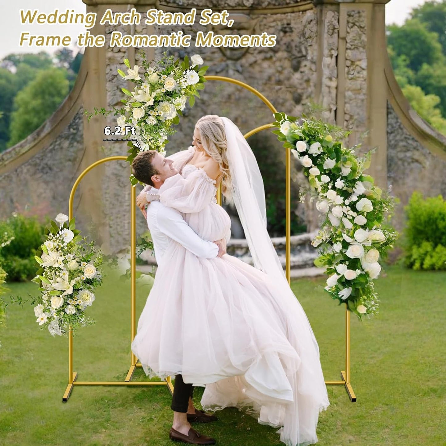 Metal Arch Backdrop Stand, Set of 3 (6/6.6/7.2 ft) Wedding Arched Frame with 12 Ground Nails, Stable Arched Background Stand for Wedding, Baby Shower, Birthday Party, Photography, Gold