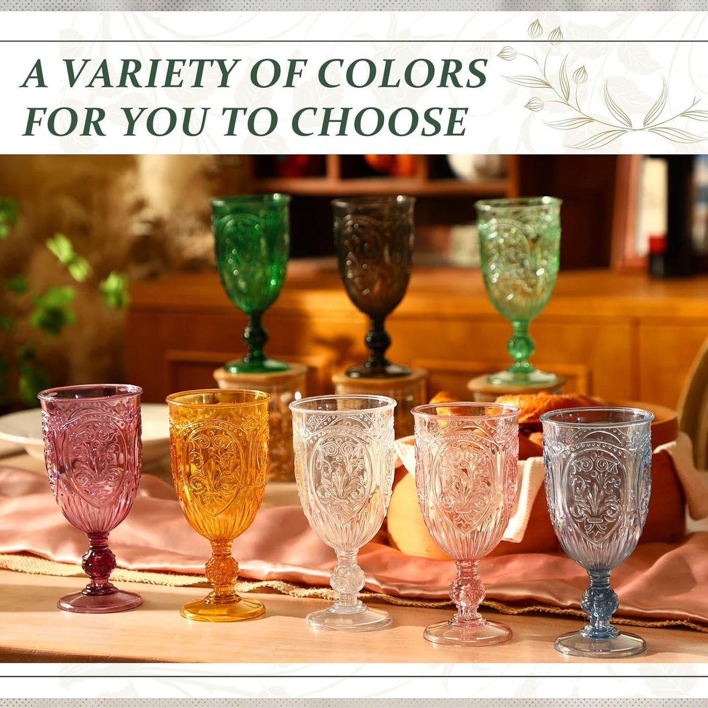 18 Pack Plastic Goblets 10oz Upgrade Vintage Water Goblet Plastic Wine Glasses Colored Retro Embossed Glassware for Party Wine Bar Juice Baby Shower Wedding Reception Grand (Black)