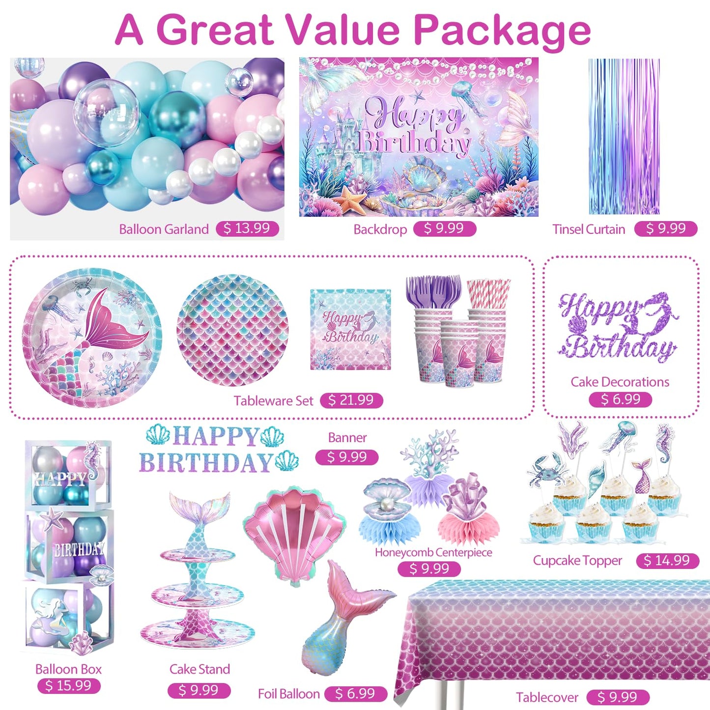 Fexivo Mermaid Birthday Decorations, All-in-One Set for 25 Guests