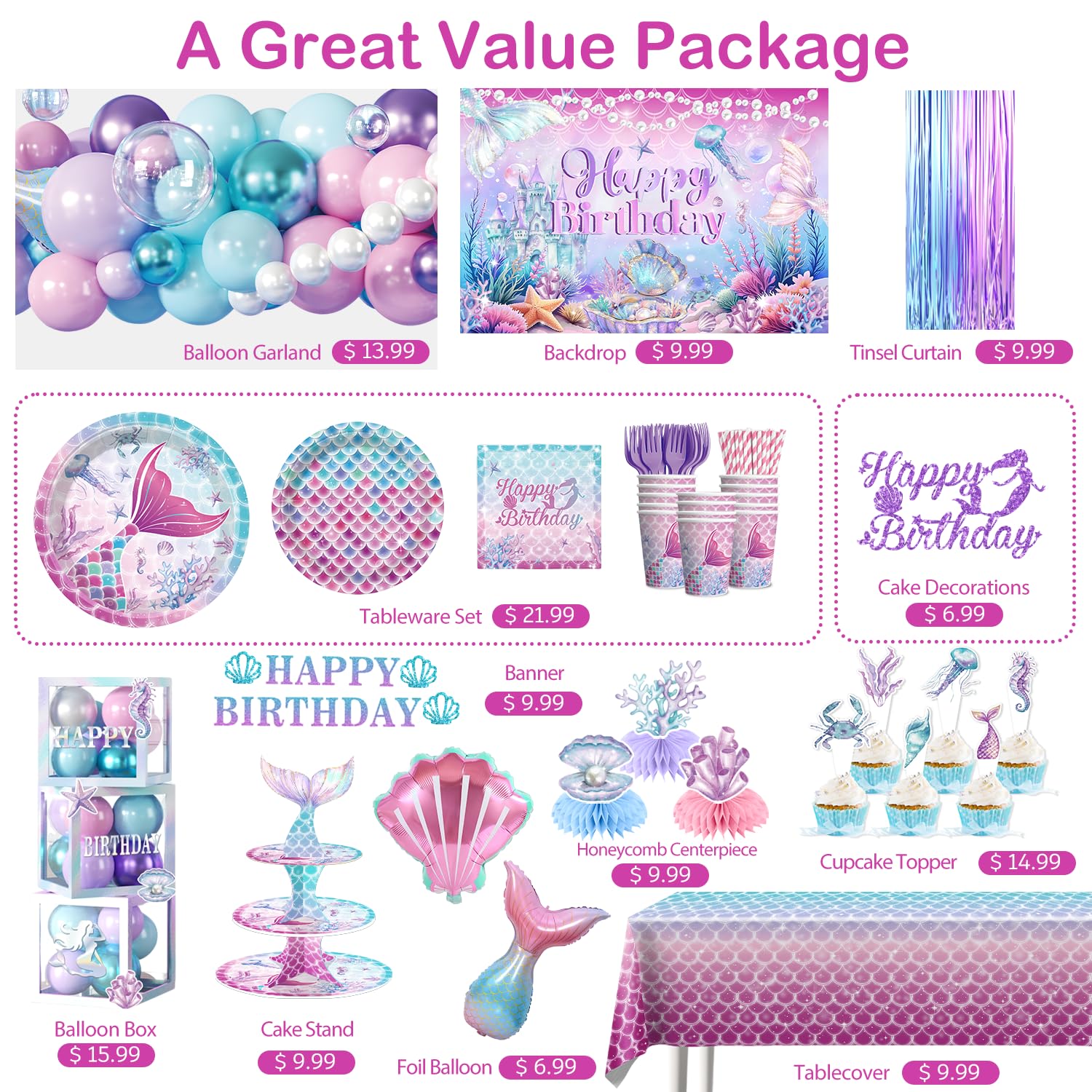 Fexivo Mermaid Birthday Decorations, All-in-One Set for 25 Guests