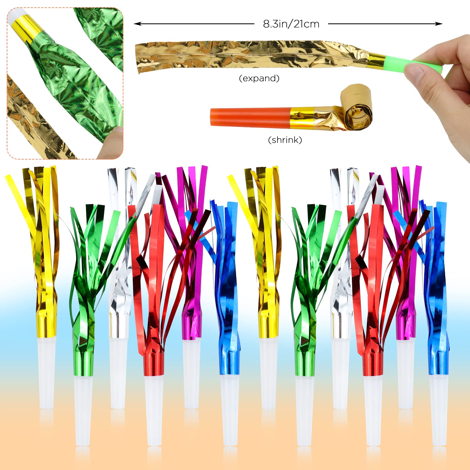 WEOXPR 144Pcs Noisemakers Blowouts Horns Bulk, 2 Styles (Paper + Fringed Metallic) Party Blowers