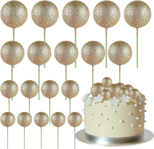 ASTARON 20 Pcs Ball Cake Topper Decorations Mini Balloons Cake Topper Sticks Champagne Gold Balls Cake Picks Cake Topper Balls Cake Decorations for Birthday Cake Decorations