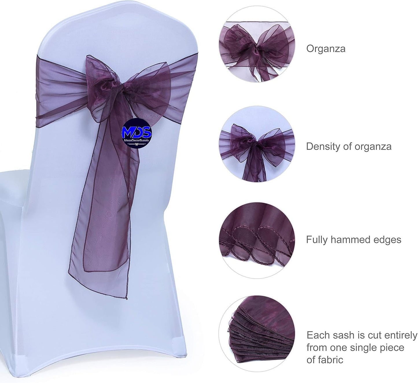 MDS Pack of 300 PCS Organza Chair Sashes Wider Dining Chair Bows Ribbon Tie Back for Wedding Party Birthday Bridal Shower Reception Event Banquet Home Chair Cover Decoration - Plum