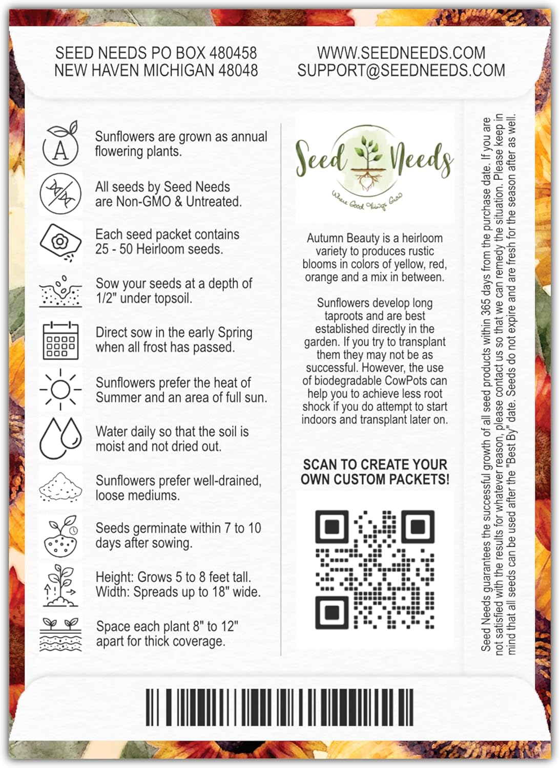 Seed Needs, Sunflower Seed Packet Party Favors - Pre-Filled Packs to Hand Out (Great for Weddings, Bridal Showers, Memorials, Fundraisers & Other Events) Heirloom & Untreated (100 Packets)