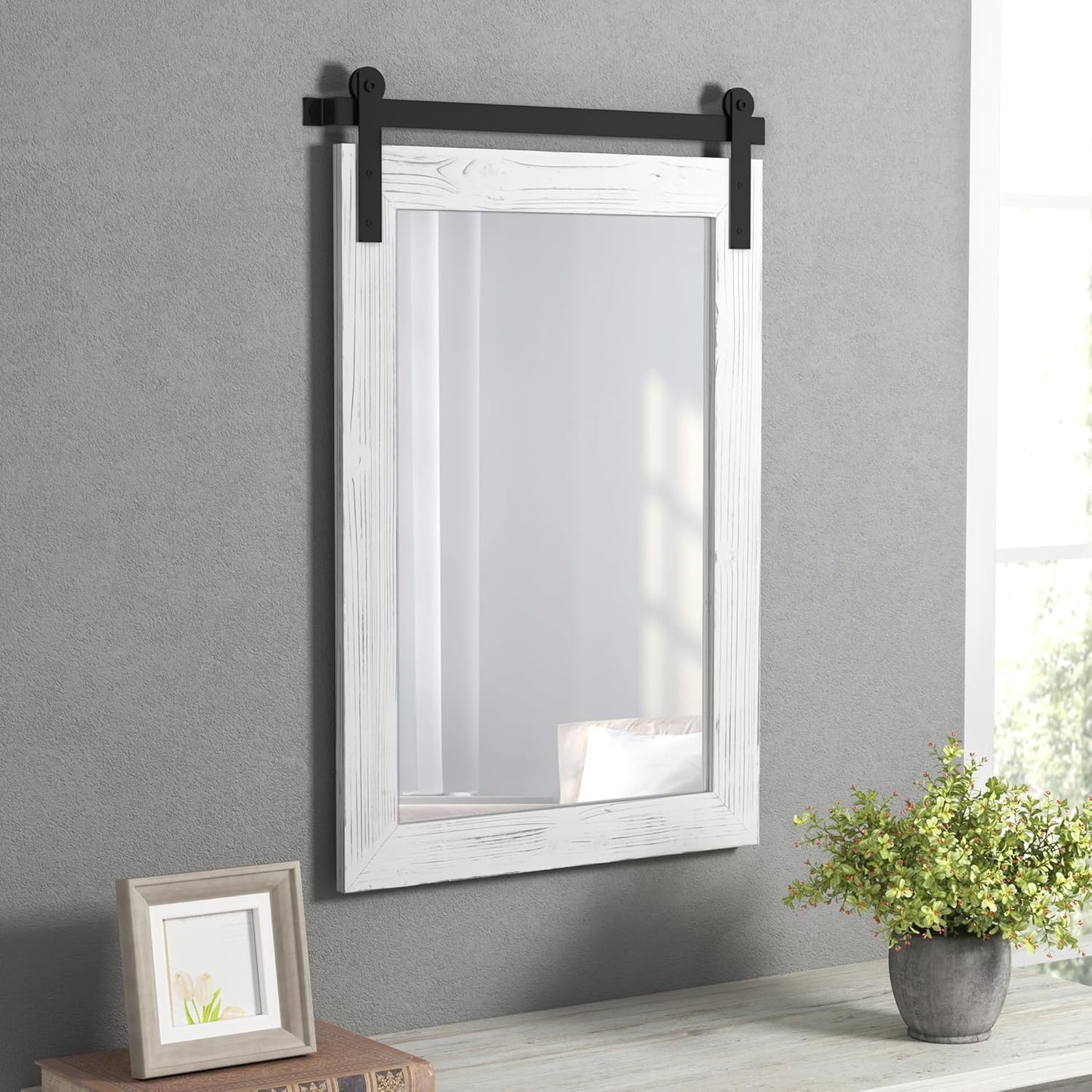 COGOOD Farmhouse Bathroom Mirror - 42 x 29 Rustic Barn Door Style Mirror for Living Room, Entryway, Vanity Wall Decor (White)