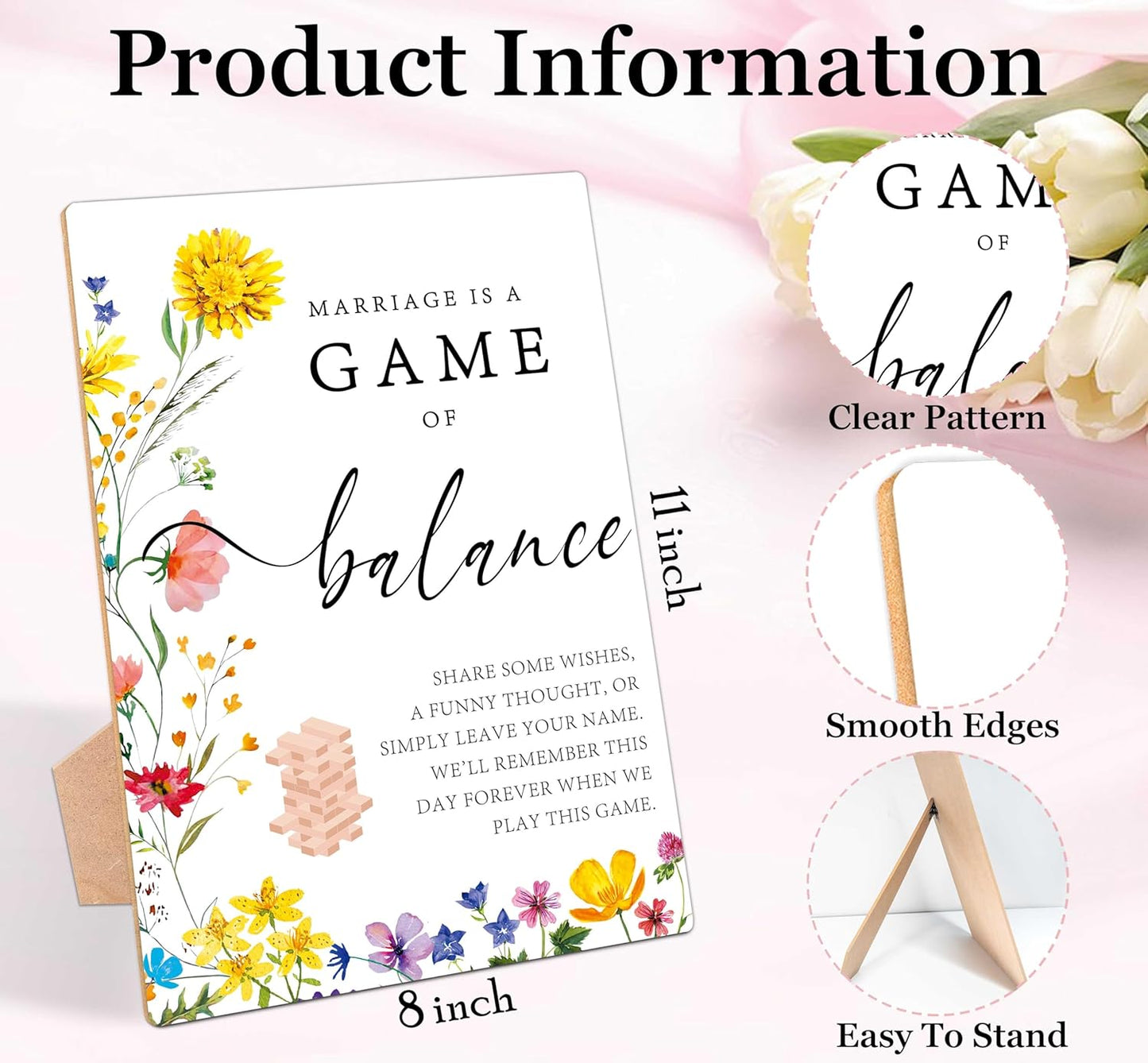 Marriage Is A Game Of Balance Sign, Floral Wedding Ceremony Sign, Pack of 1 Wooden Tabletop Sign with Stand, Wedding Supplies, Engagement and Reception Wedding Decorations - LD17