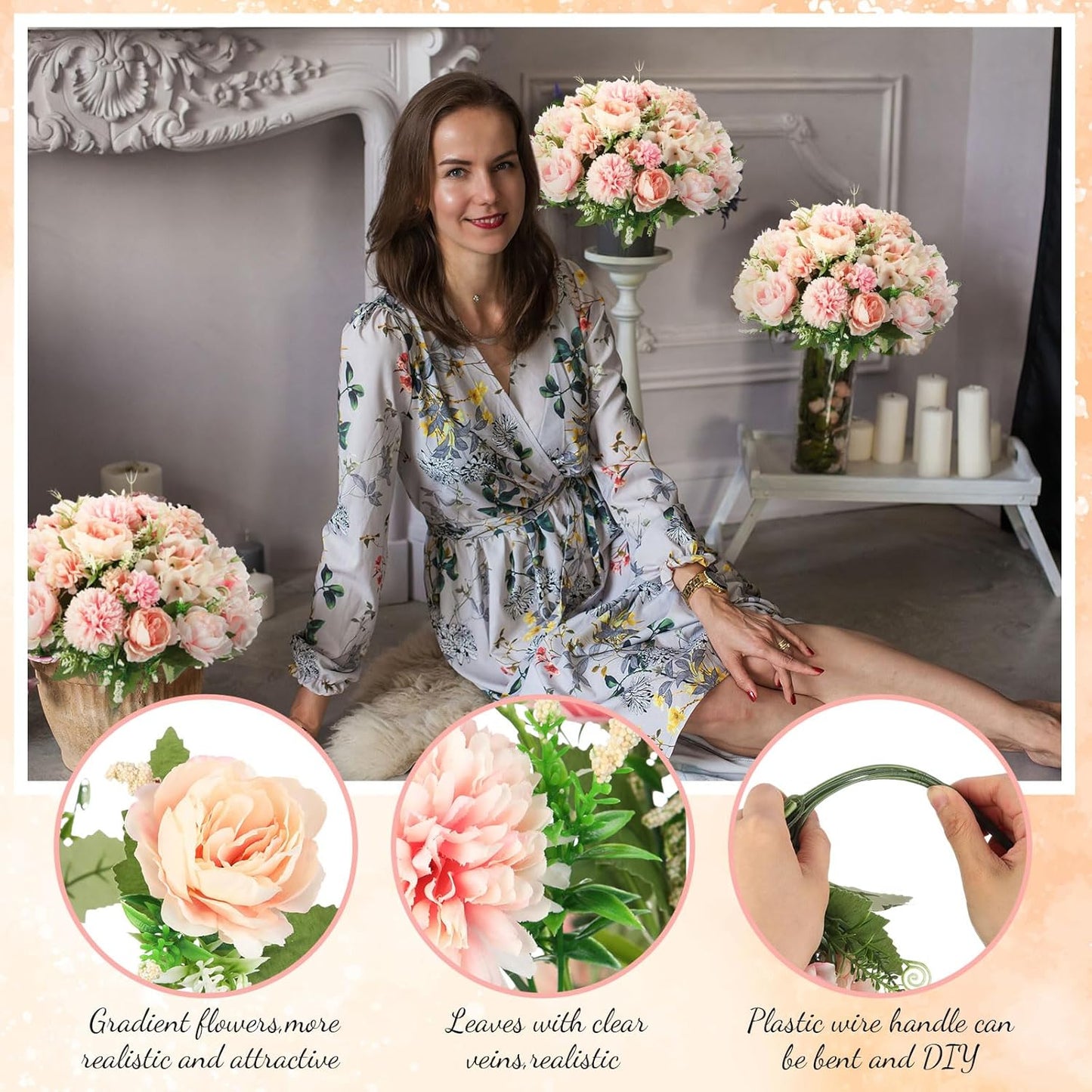 Tigeen Artificial Flowers Artificial Peonies Silk Flowers Faux Peony Fake Peony Silk Hydrangea Bouquet for Wedding Table Centerpiece Floral Vase Decor(Pink,24 Bundles)