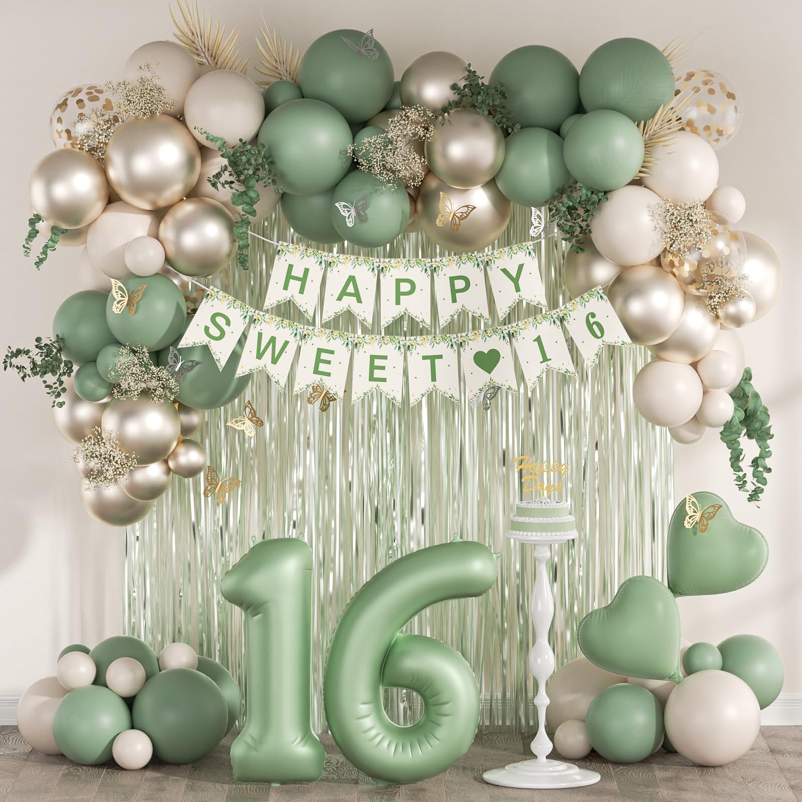 73pcs Sweet 16 Party Decorations with Sage Green Sand White Gold Balloons