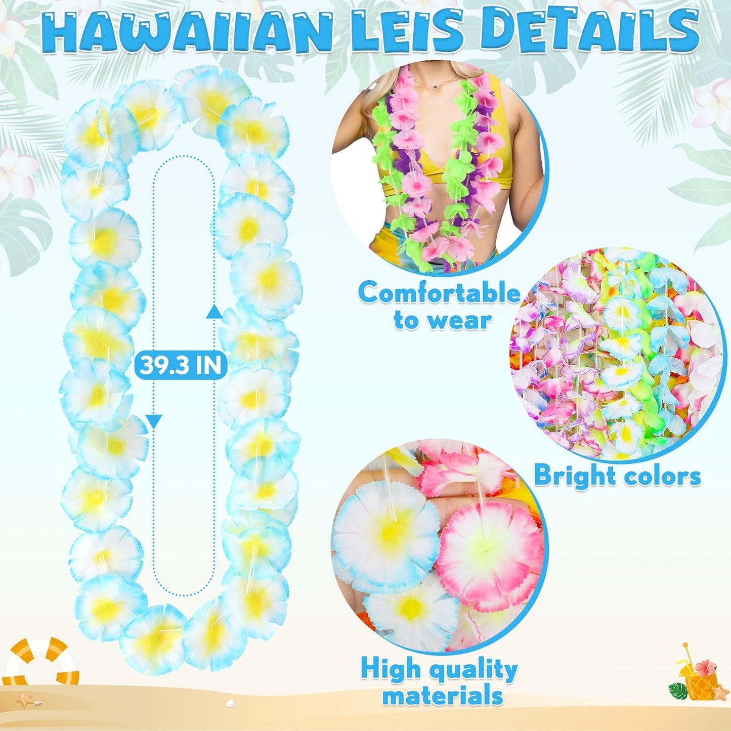 100PCS Hawaiian Leis, Colorful Luau Leis Party Decorations, Hawaiian Tropical Theme Silk Flower Leis, Hawaii Flower Lays Garland for Birthday Summer Pool Party Favors Supplies Accessories
