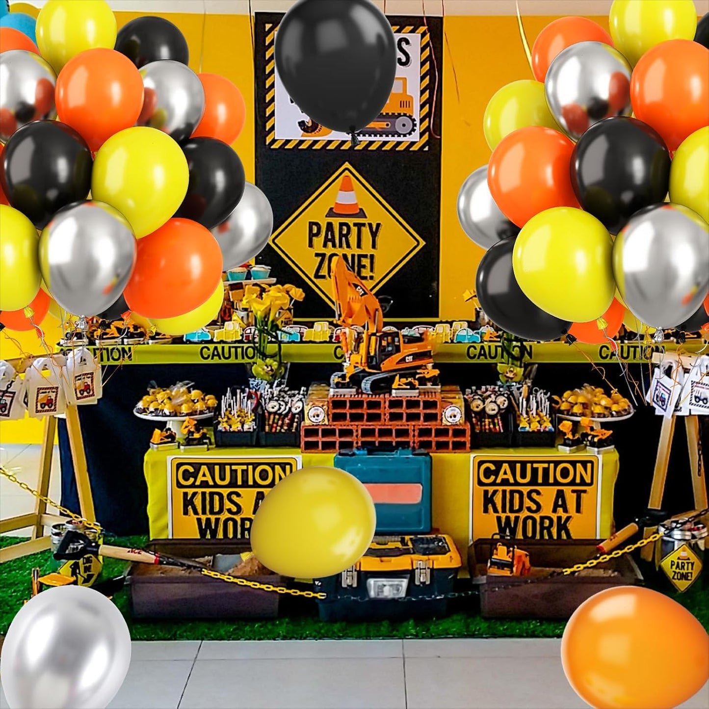 Paready Black Orange Yellow Balloons, 60 Pcs 12 Inch Orange Black Yellow and Metallic Silver Balloons, Car Theme Party Balloon for Kids Construction Theme Birthday Baby Shower Party Decorations