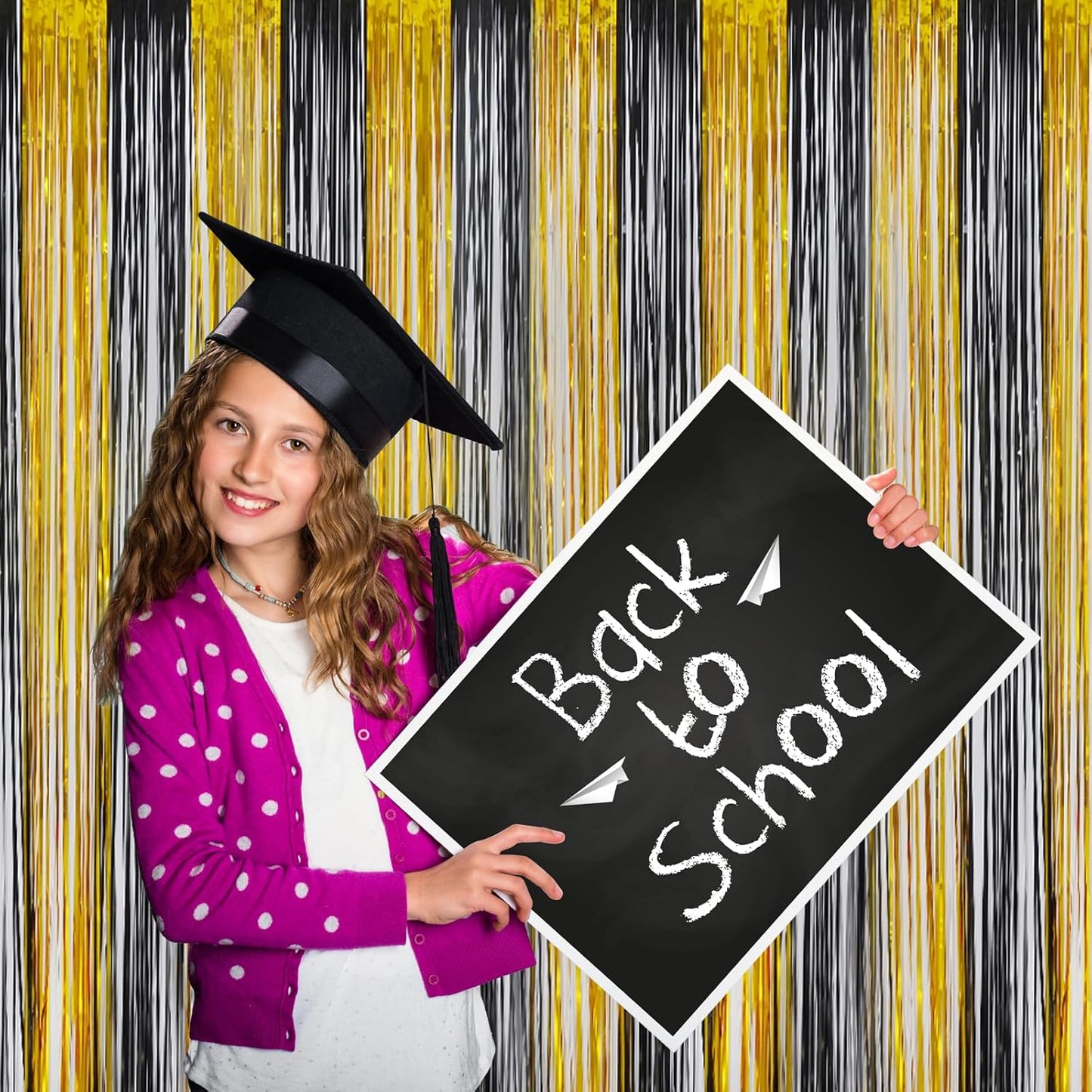 Melsan Foil Curtain Tinsel Backdrop - 3.2ft X 8ft Black and Gold Fringe Curtain Photo Streamers Backdrop for Halloween, Graduation, New Year EVE, Retirement Party Decorations - Pack of 2