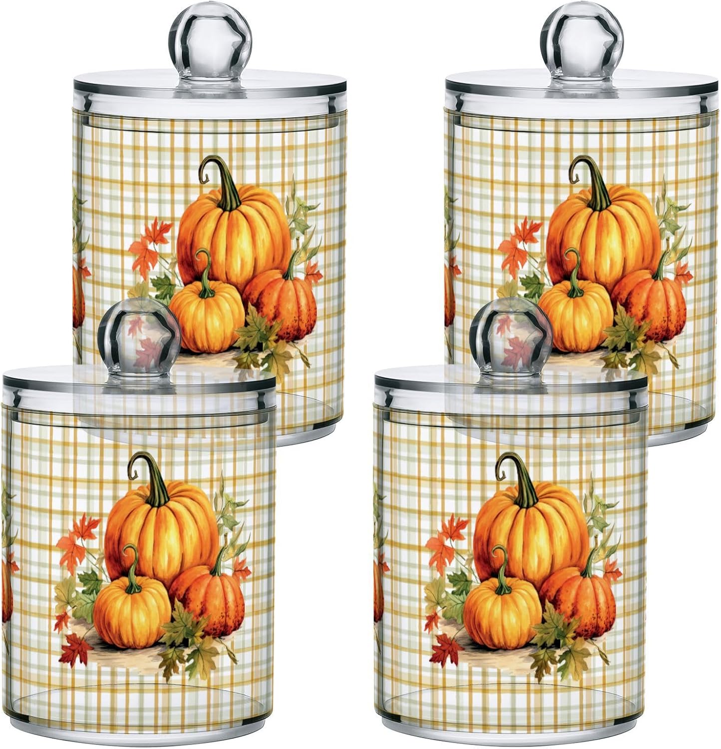 Gredecor 4 Pack Apothecary Jars with Lid Pumpkins Gingham Plaid Qtip Holder Dispenser Storage Containers Clear Plastic Rustic Fall Autumn Thanksgiving Theme Canisters for Bathroom Vanity Organization