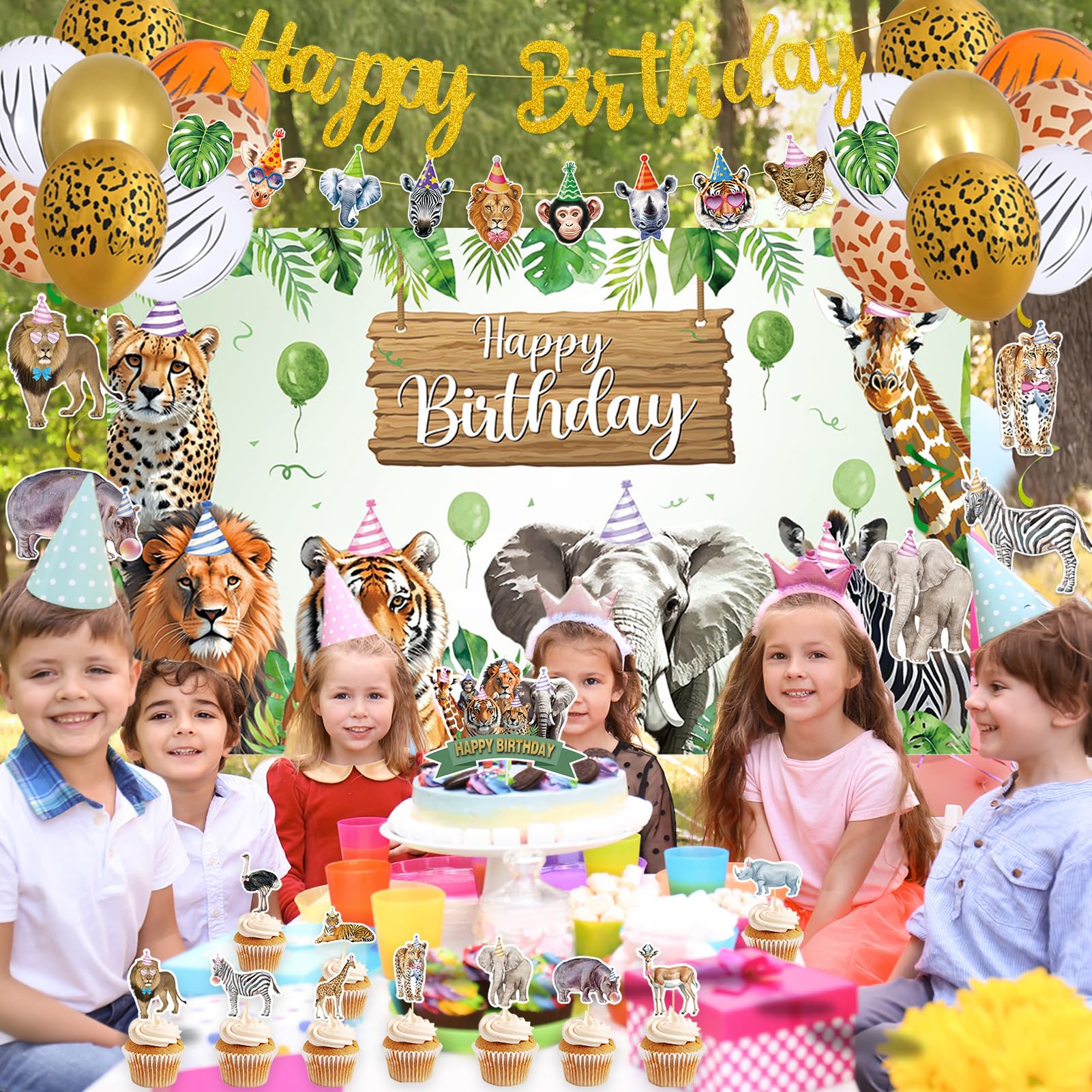 Roetyce Safari Animals Birthday Party Decorations, Jungle Birthday Banner