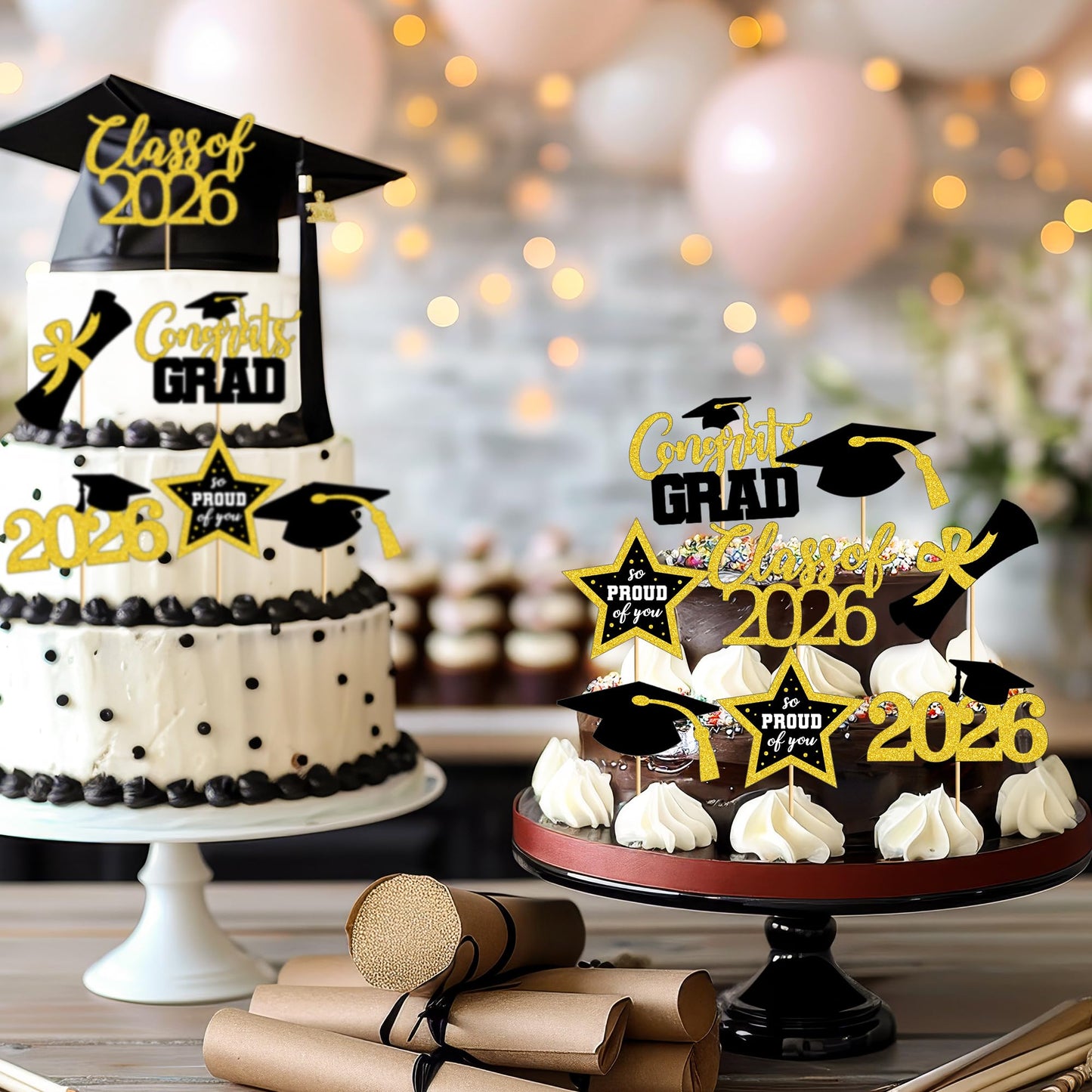 48 PCS Graduation Cupcake Toppers, 6 Styles Congrats Grad Cake Topper, Black and Gold Graduation