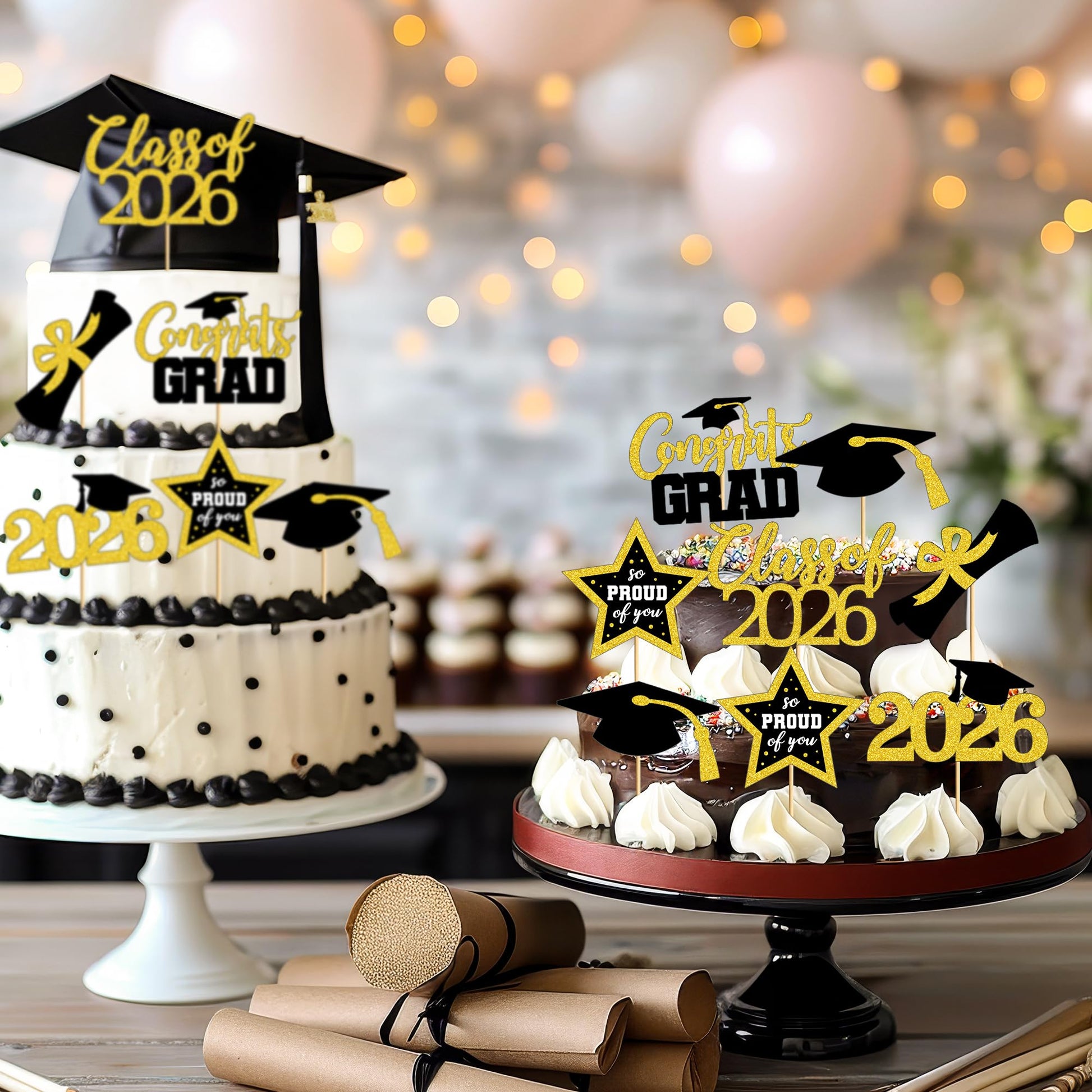 48 PCS Graduation Cupcake Toppers, 6 Styles Congrats Grad Cake Topper, Black and Gold Graduation