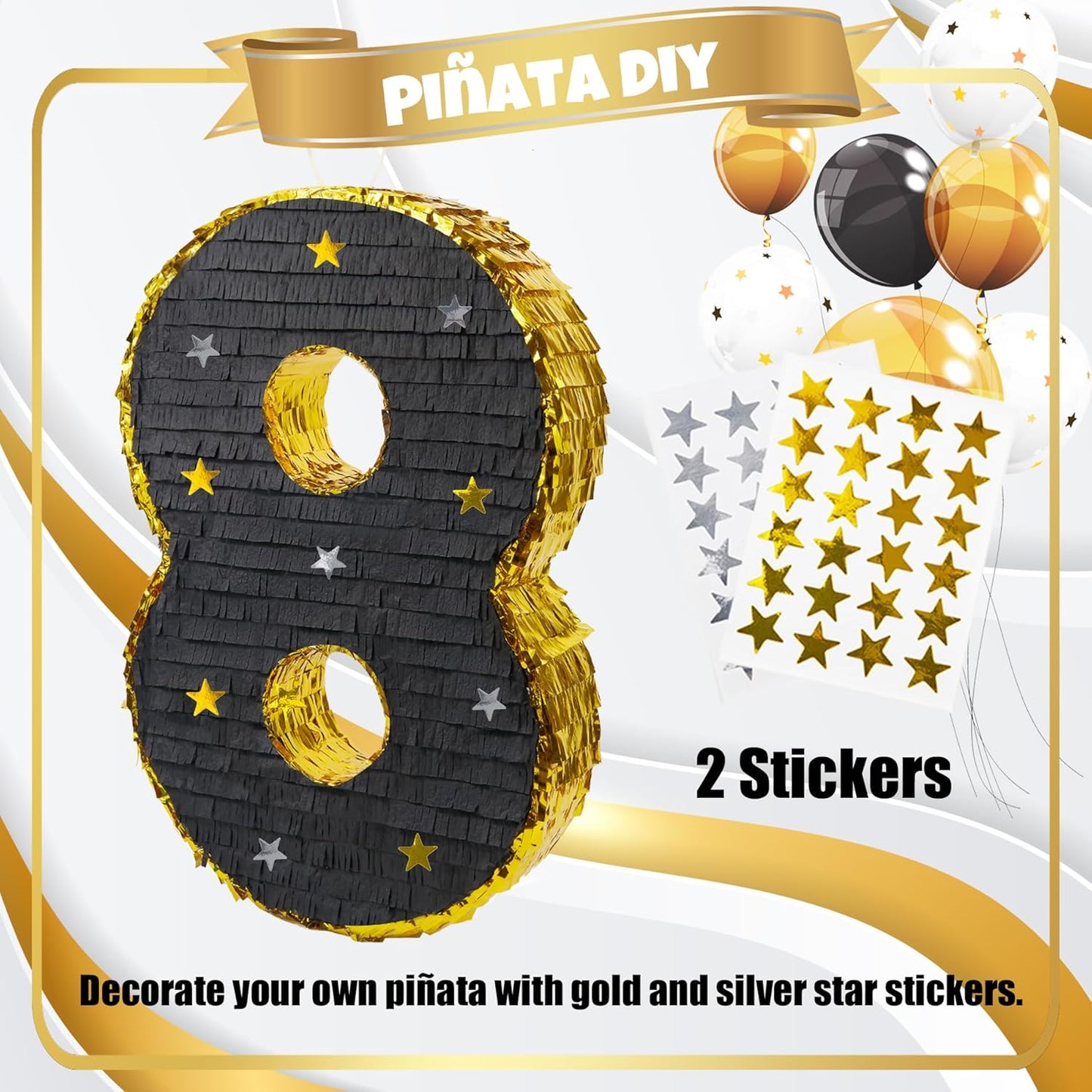 PCFING 20 Inch Number 8 Piñata Gold Black with 30 Inch Piñata Stick Blindfold Confetti for Man Women Boys Girls Birthday Party Decorations, Anniversary Celebration, Fiesta