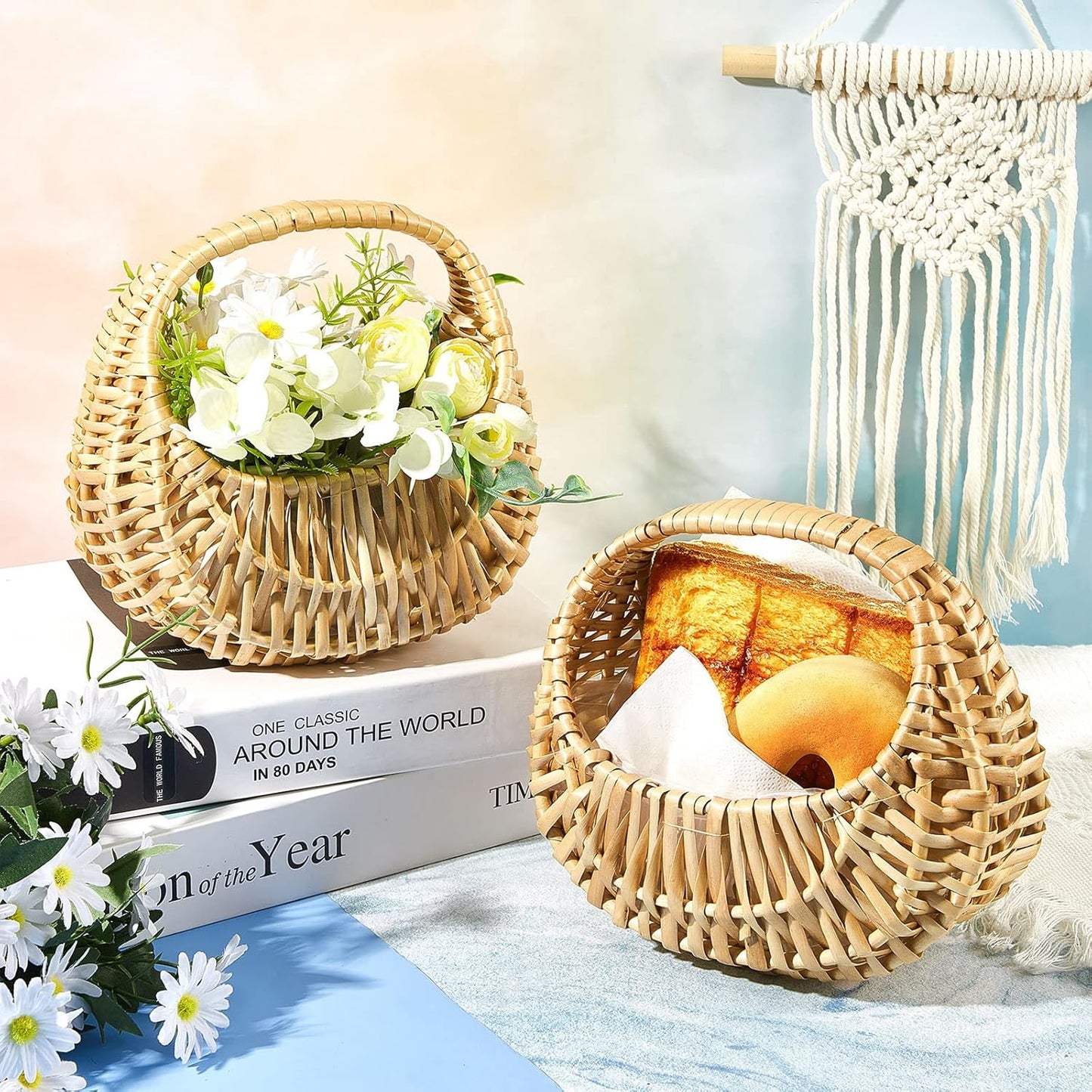 Taiyin 6 Pack Rattan Flower Girl Basket Small Half Moon Straw Wicker Basket with Handle Ideal for Wedding Flower Girl,Picnic,Garden Storage and Home Decor (Nature)