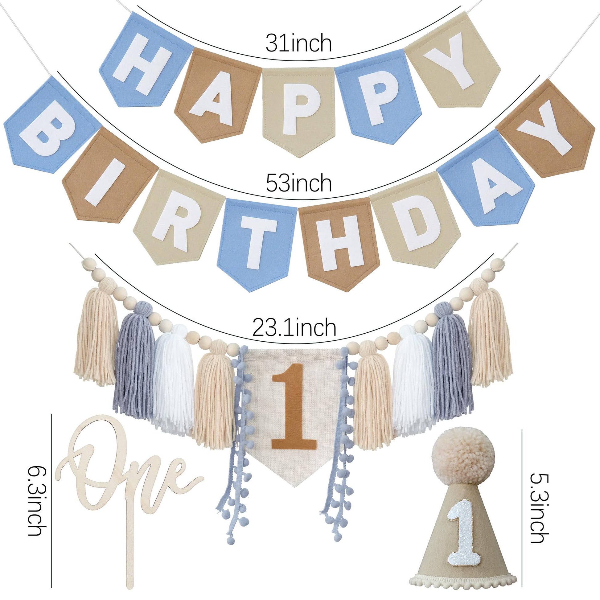 DCJHFJ First Birthday Decorations for Boy Felt Khaki Blue Happy Birthday High Chair Banner