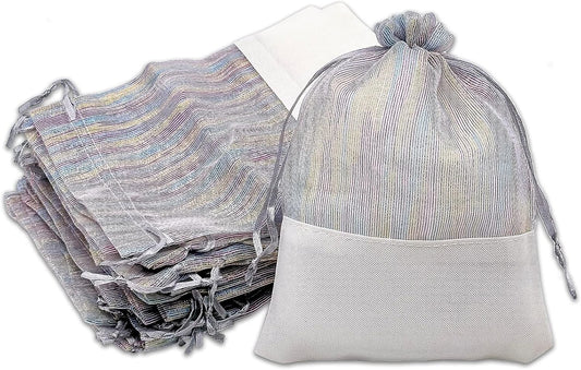 TheDisplayGuys For Your Modern Living 24-Pack Linen & Iridescent Organza Gift Bags with Drawstrings (Small 4 x 6) - Party Favors, Samples, Treats Mesh Pouches