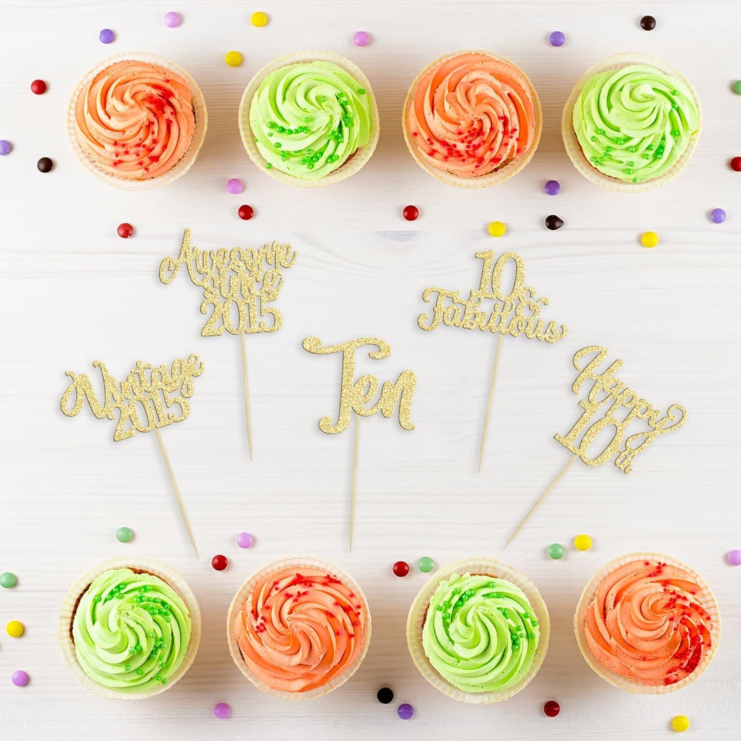 30Pcs Vintage 2015 Cupcake Toppers Glitter Happy 10th Birthday 10 Fabulous Cupcake Picks Cheers to 10 Years for 10th Birthday Wedding Anniversary Party Cake Decorations Supplies Gold