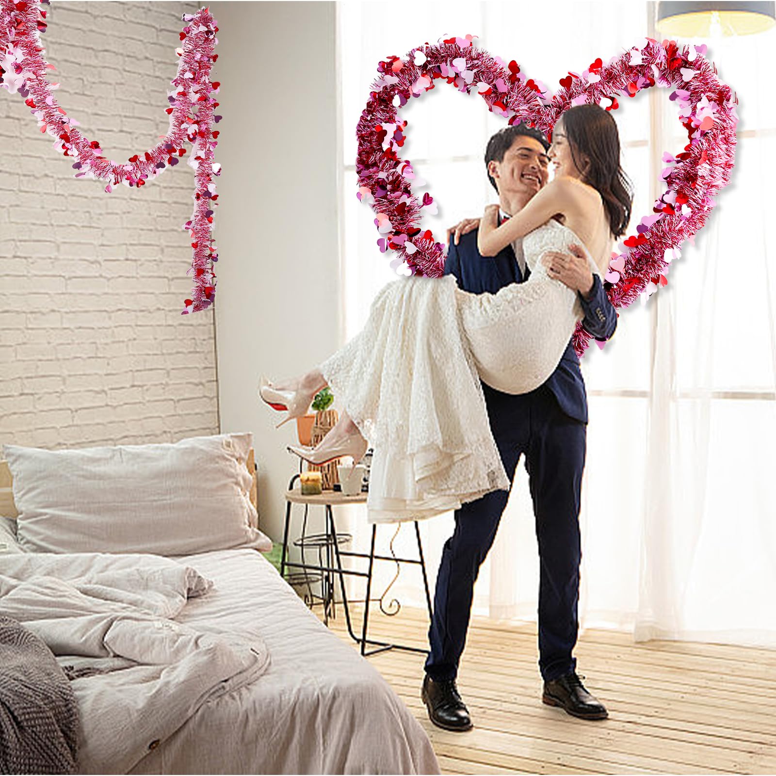 Valentines Garland Decor,50Ft Glitter Tinsel Heart Garland Decorations for Tree Mantle Bedroom