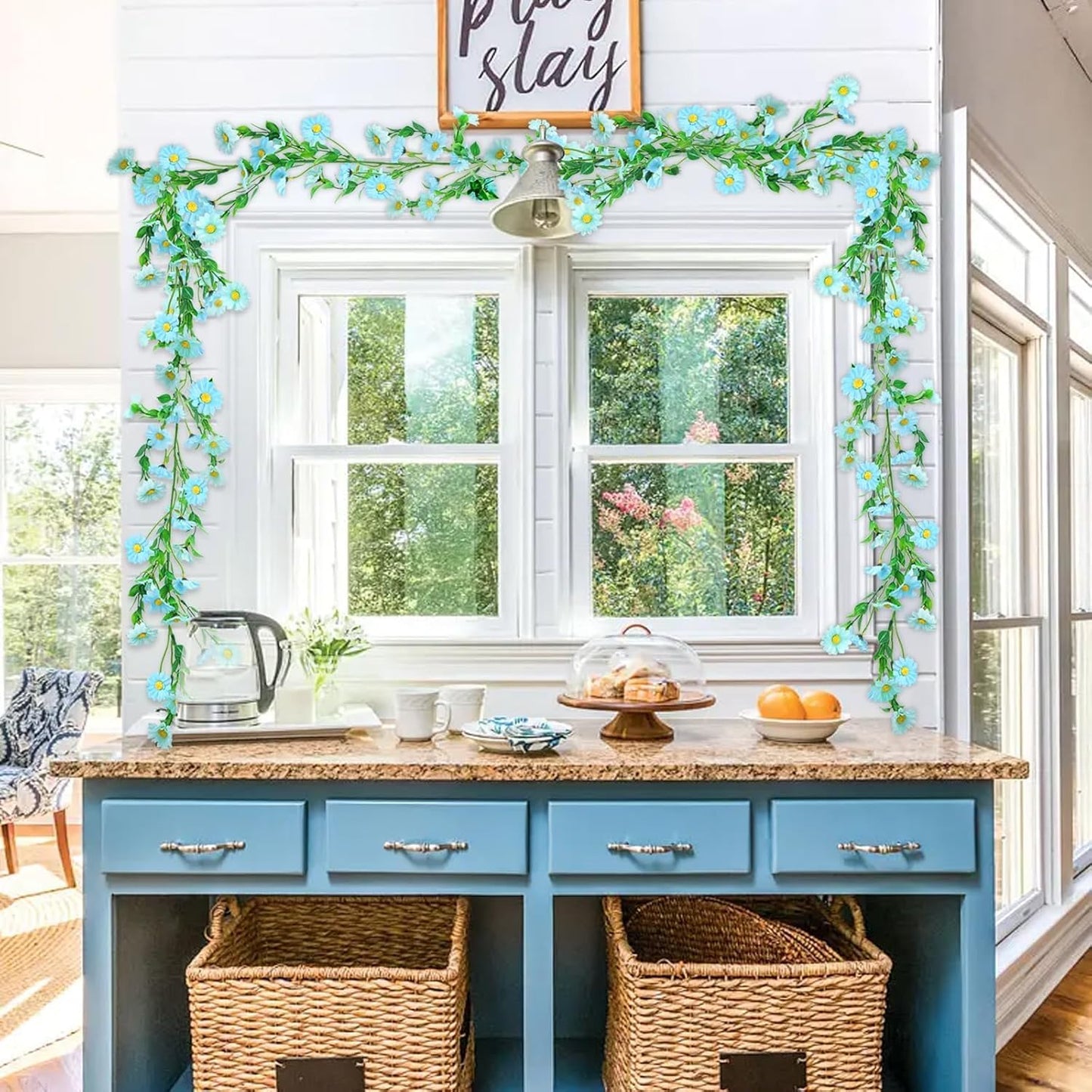 6.5Ft Artificial Blue Flower Garland Fake Daisy Floral Garland Hanging Flowers Silk Vines with Green Leaves for Backdrop Arch Wall Home Indoor Tiffany Blue Wedding Decor