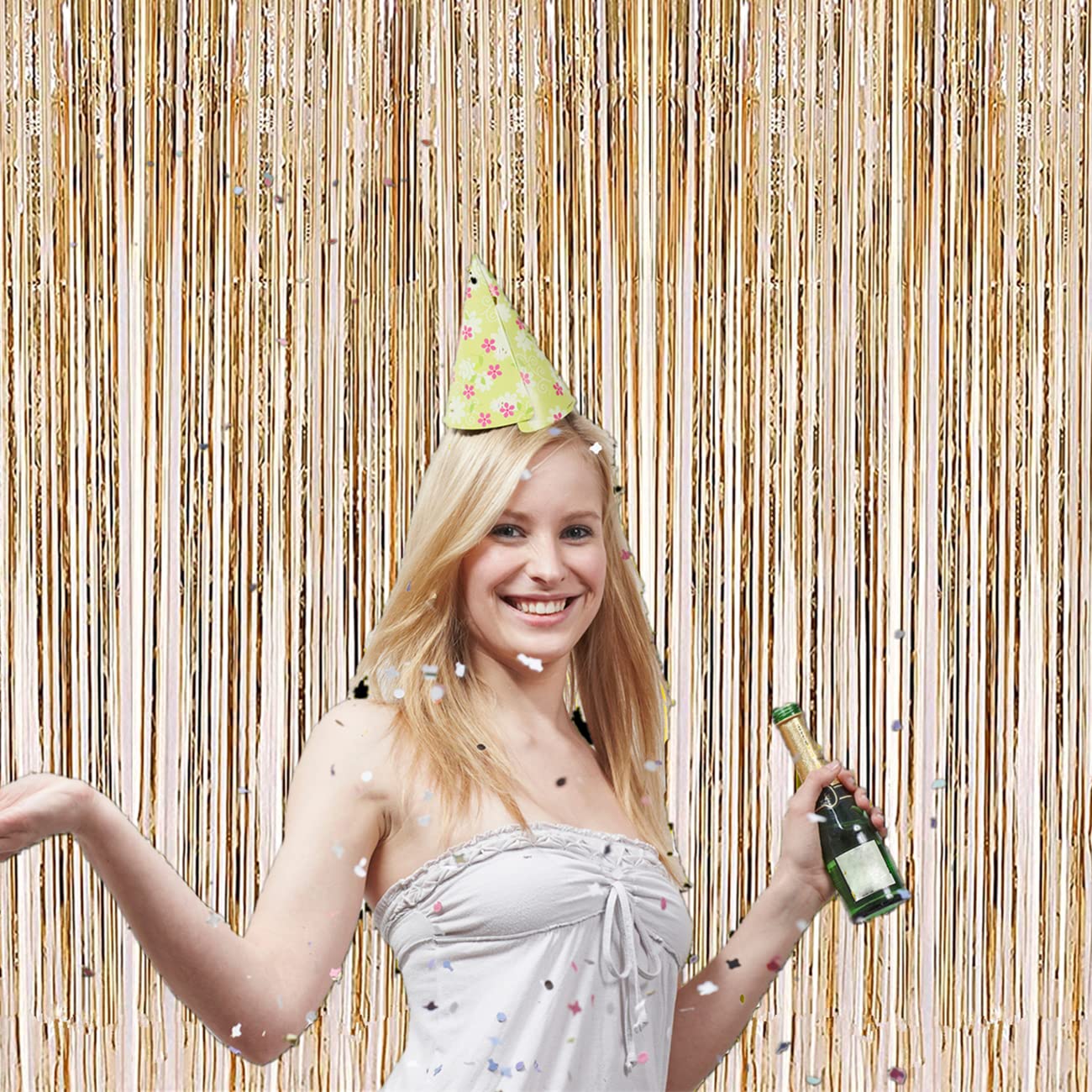 2 Pcs 3.2ft x 8.2ft Champagne Gold Metallic Tinsel Foil Fringe Curtains Photo Booth Backdrop for
