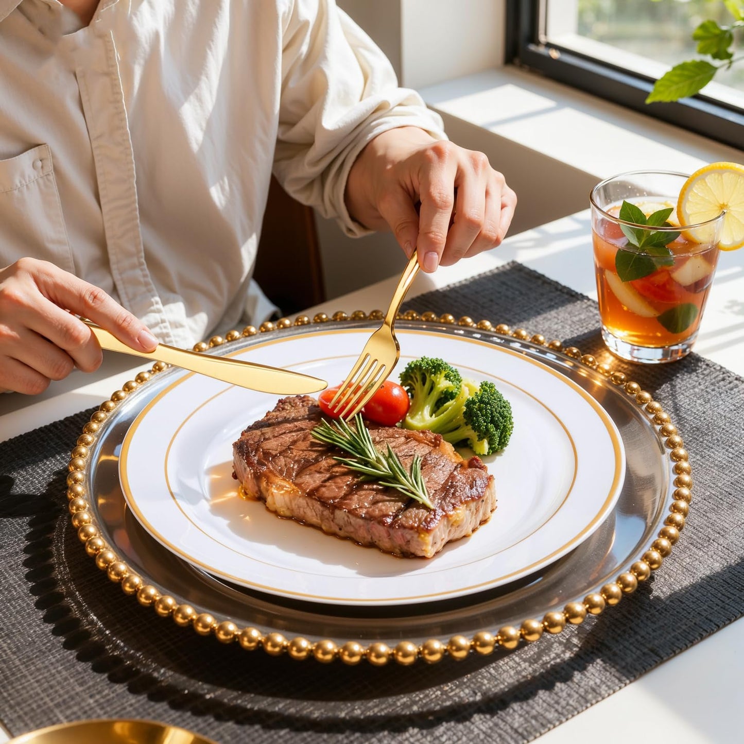 WDF Partyware 350Piece Gold Dinnerware Set for 50 Guests - Gold Plastic Plates with Disposable
