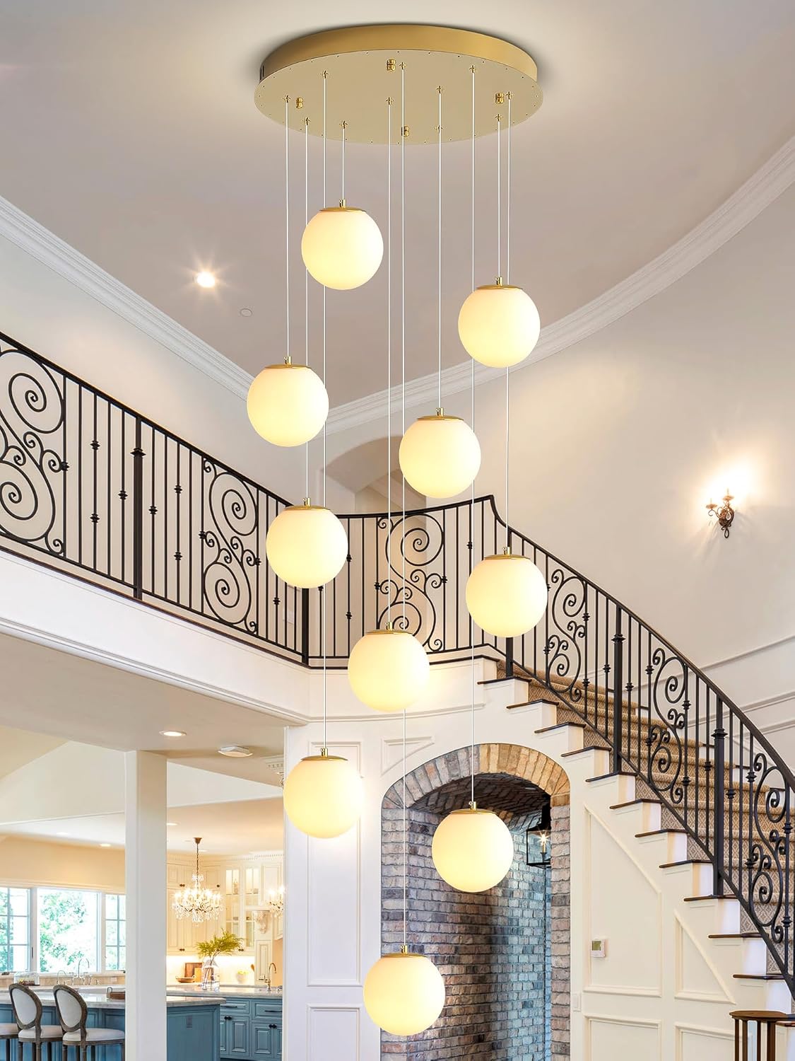 H118 Large Chandeliers for High Ceilings,12-Lights Mid Century Globe Chandelier Gold Modern Globe Pendant Light for Entryway Villas and Stairs