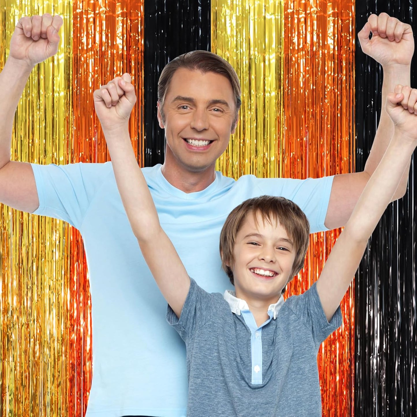 2 Pack Black Gold Orange Foil Fringe Backdrop Curtains, Tinsel Streamers Party Decorations, Fringe Backdrop, Door Shimmer for Construction or Birthday Party