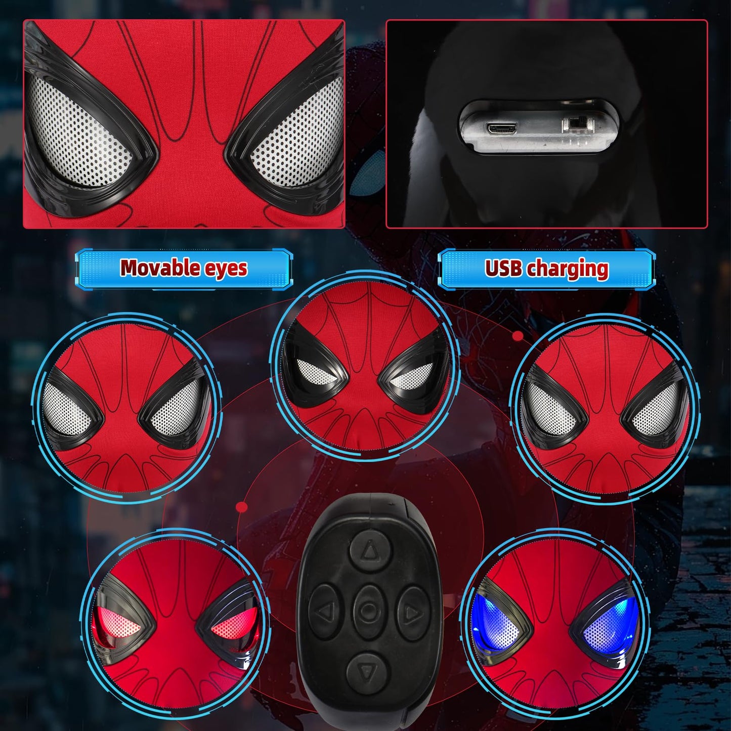 Shampoer Spider Superhero Dynamic Mask - Remote LED Light & Moving Mech Eyes for Immersive Hero