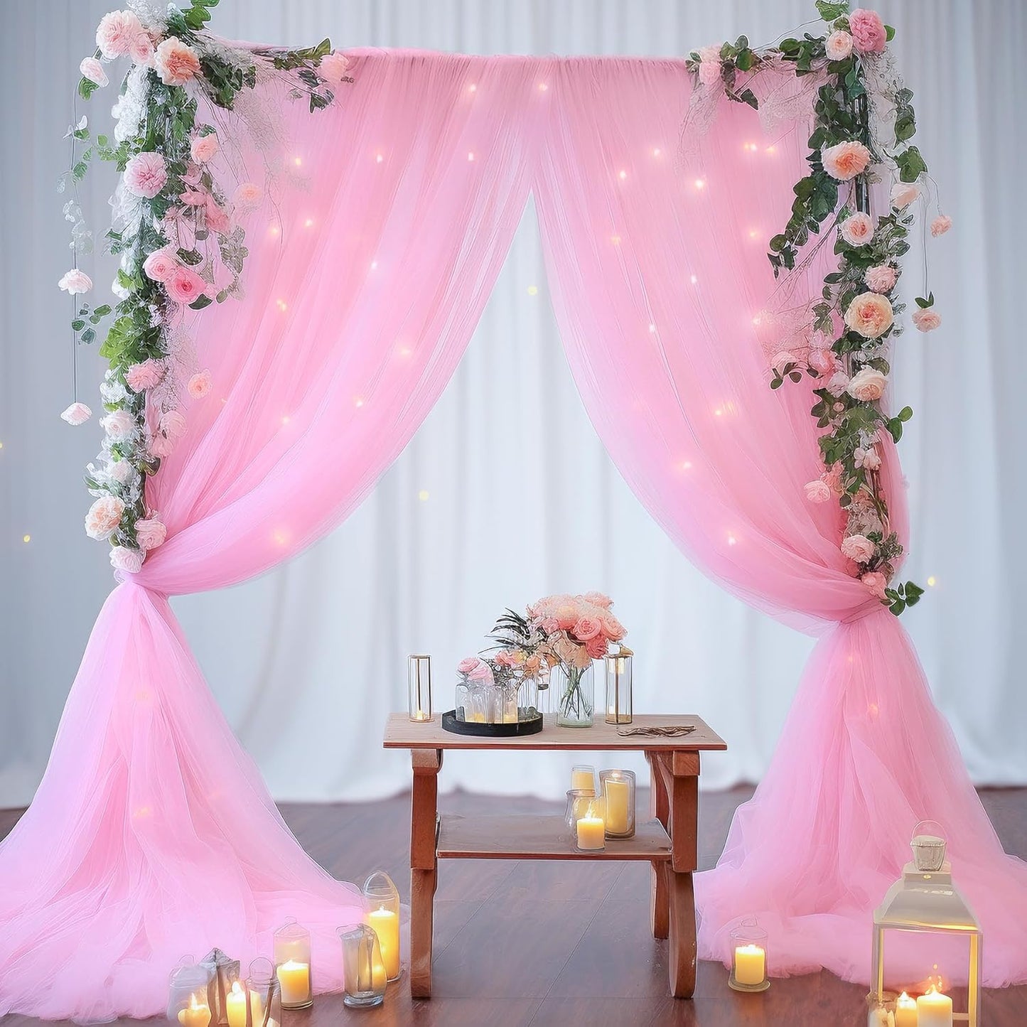 20ft x 10ft Pink Tulle Photo Backdrop Curtain with Lights String for Baby Shower Sheer Baby Pink Curtain Backdrop for Birthday Party Wedding Photo Booth Photography Background Decorations