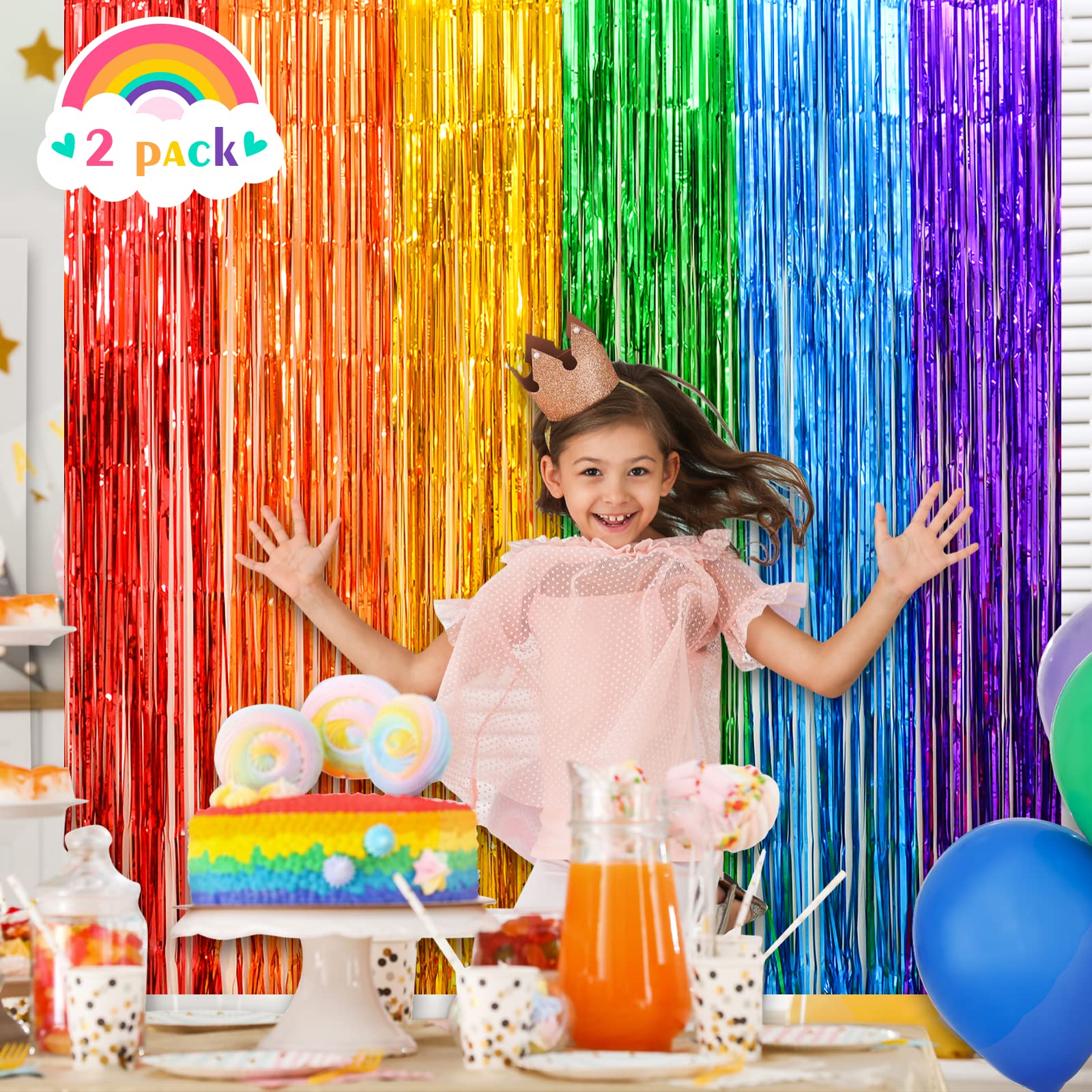 LOLStar Rainbow Party Decorations, 2Pack Rainbow Bday Foil Fringe Streamers