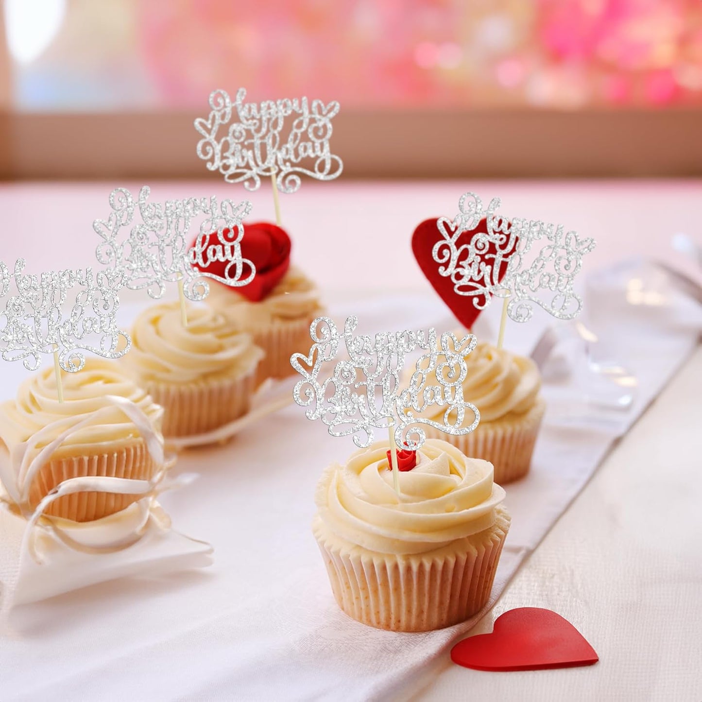 Gyufise 24Pcs Happy Birthday Cupcake Toppers Glitter Happy Birthday Cupcake Picks for Celebrating Happy Birthday Party Decor Anniversary Theme Party Cake Decorations Supplies Silver
