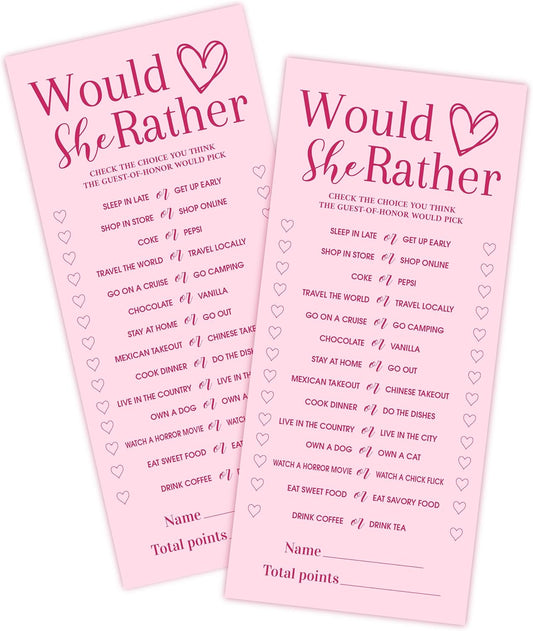 4x9 Inch Wedding Shower Games Cards, Would She Rather, Pink Bridal Shower Games for 25 Guests, Engagement Party Supplies, Wedding Party Supplies Decoration-A02