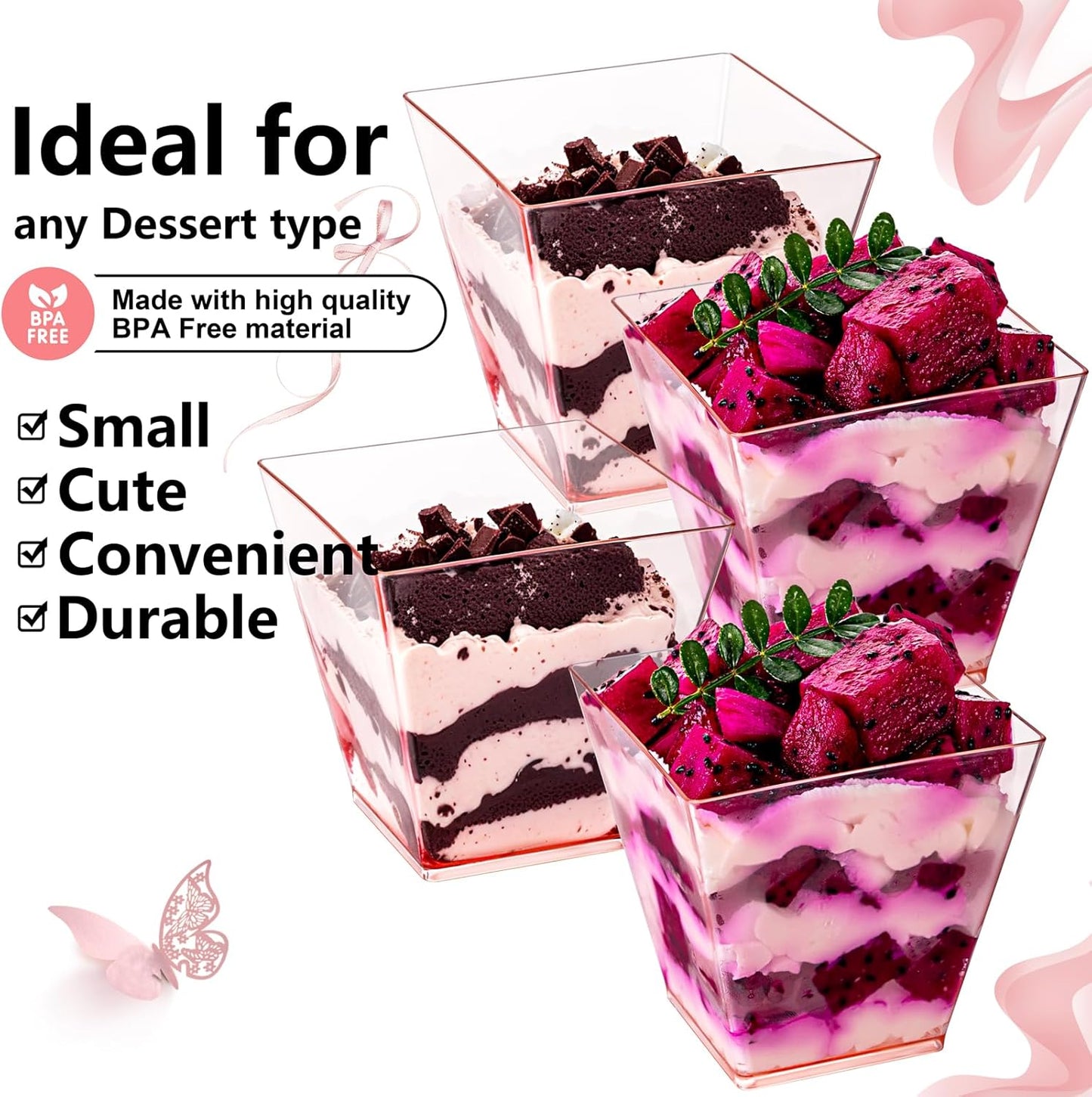 YOUBET 102 PCS Plastic Dessert Cups - 8oz Pink Clear Square Cups - 51 Pack Mini Appetizer Cup with Pink Tasting Spoons for Pudding, Fruit, Yogurt Parfait and Ice Cream