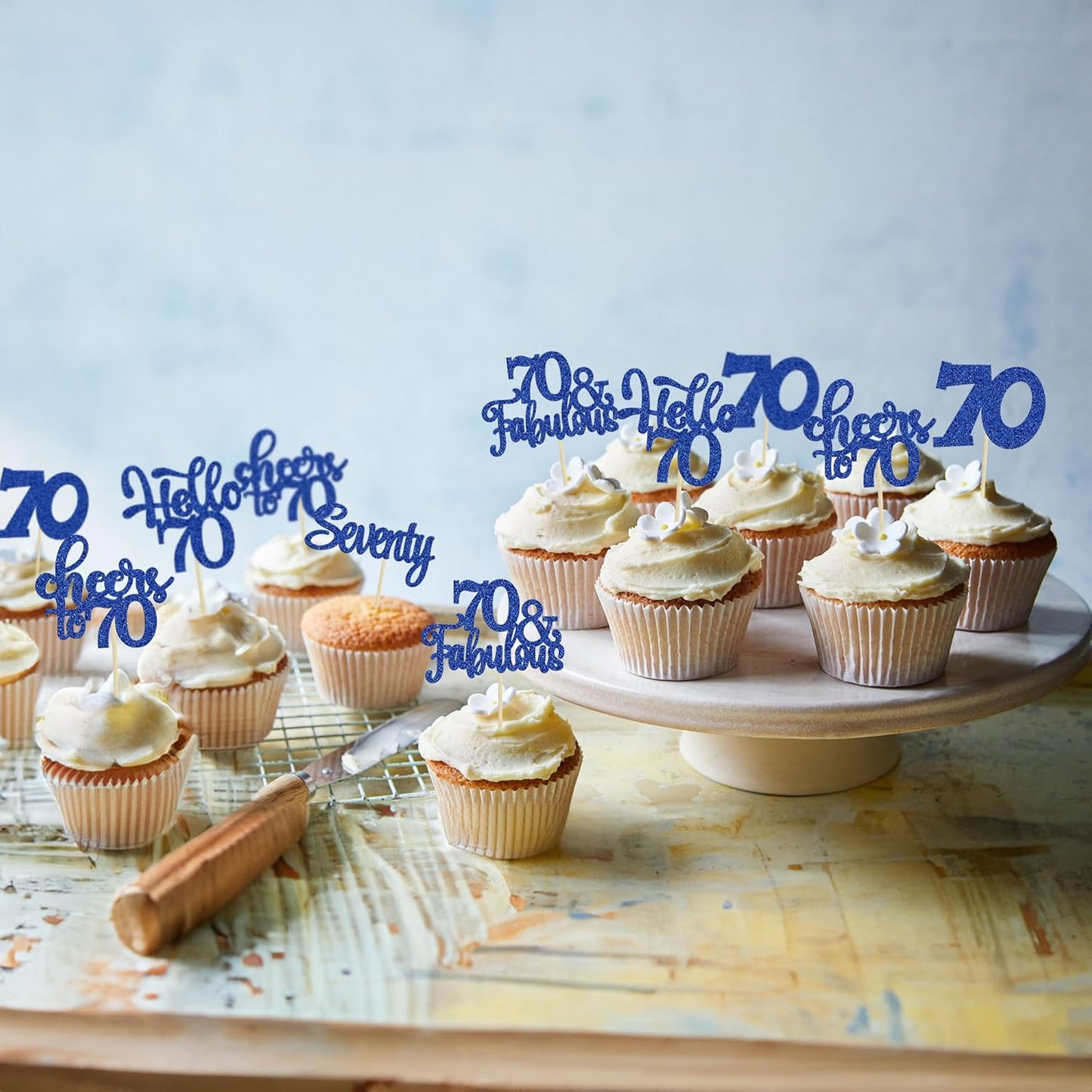 30Pcs Happy 70th Birthday Cupcake Toppers Seventy Cheers to 70 Years Old Birthday Cupcake Picks for 70th Birthday Anniversary Party Cake Decorations Supplies Deep Blue Glitter