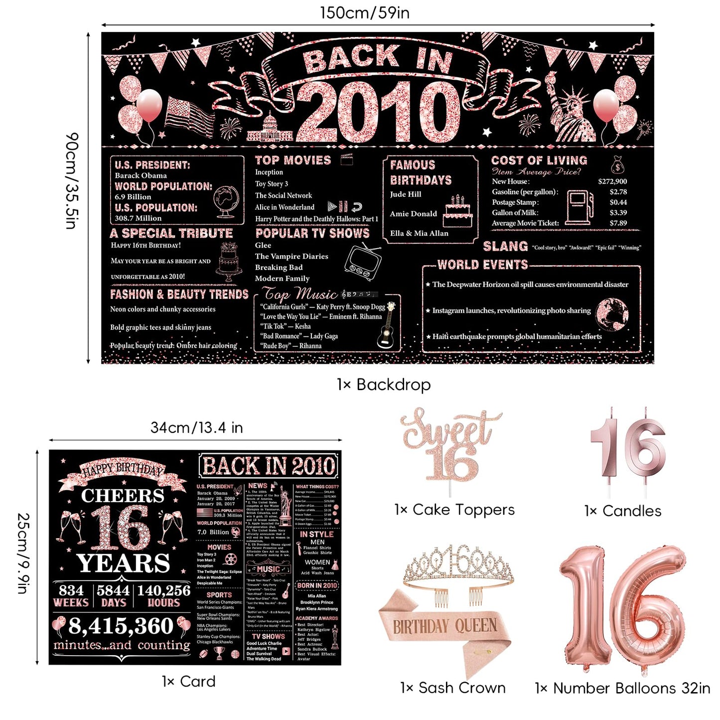 Sweet 16 Party Decorations for Girls, Black Rose Gold 16th Birthday Decorations Set with Back in
